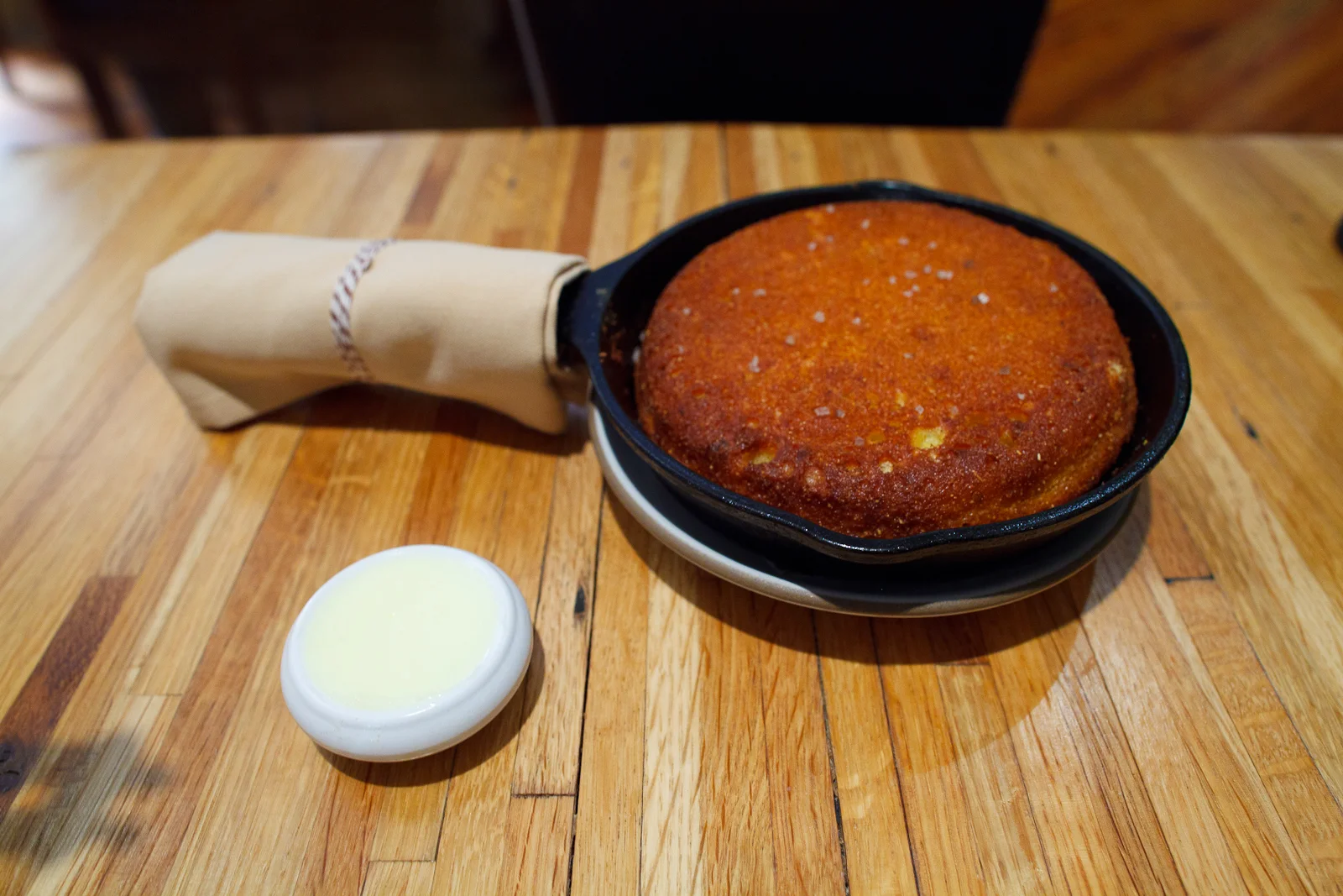 8th Course: Corn bread baked in a wood-burning oven: Anson Mills cornmeal, Happy Cow Creamery buttermilk, Thornhill Farms eggs