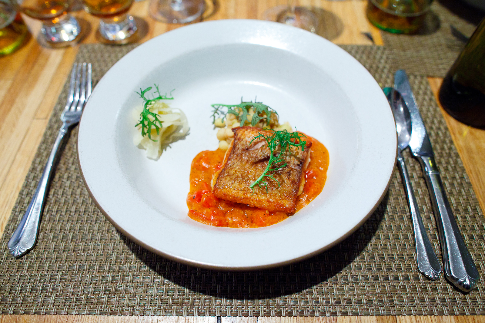 11th Course: snapper, tomato gravy, pickled vegetables