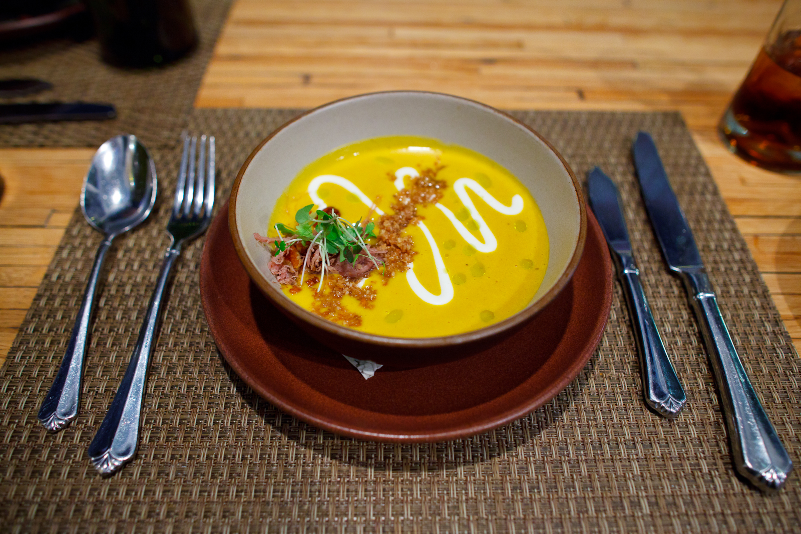 3rd Course: Roasted Fall Squash Soup with Smoky Pecan and Confit Duck, Anson Mills Oat Granola