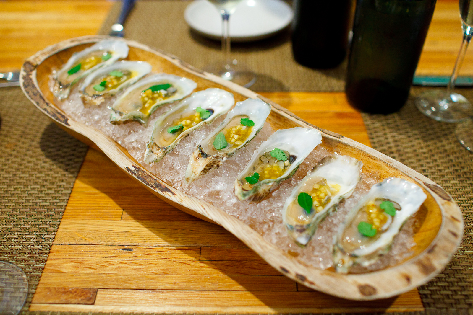 2nd Course: Oysters from "clammer Dave," harvested 2-hours ago. Topped with house-fermented rutabaga, lime, and coriander.