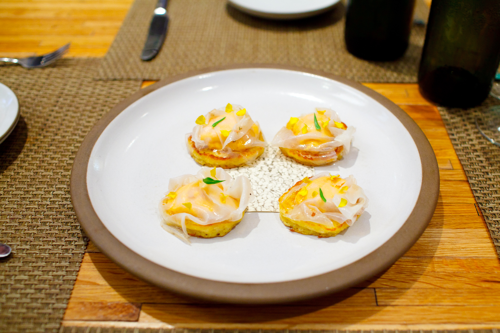 3rd Course: Rice cake, pimento cheese, ossabaw lardo with tarragon cooked from an 1885 cookbook as a way to use leftover rice.