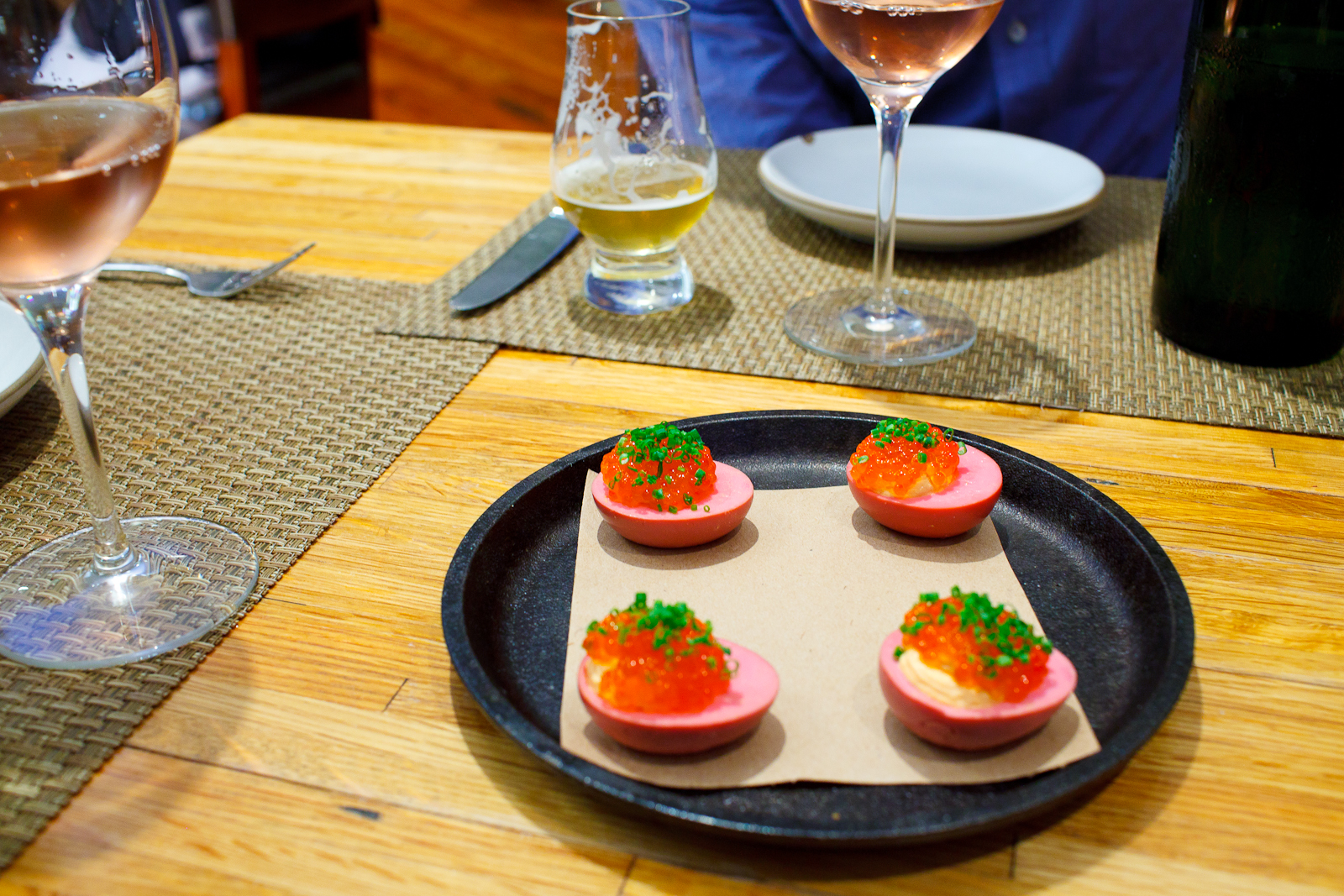 4th Course: Pullet eggs from the first laying of a hen, aged for 6 months. Filled with trout roe, chive, and cheese.