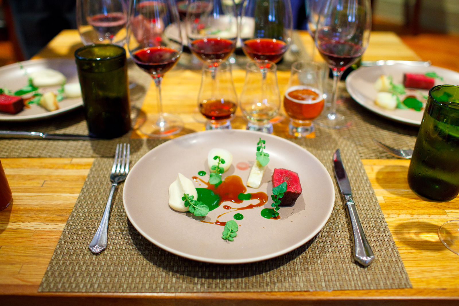 11th Course: Beef slowly cooked with roasted onions and celeriac, served with fresh cress and cress purée.