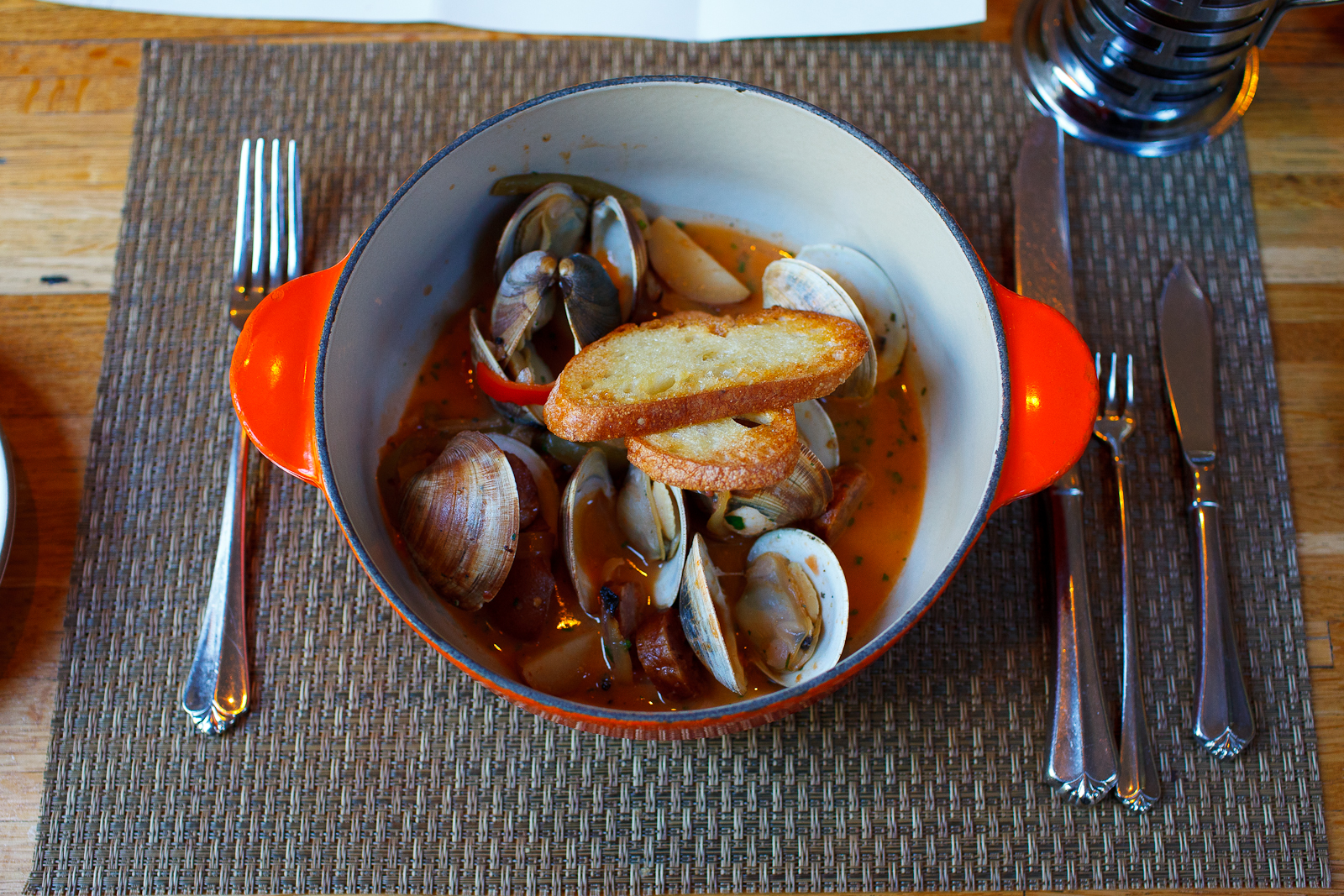 Dave's clams with peppers and onions, tomato broth, potatoes, and Surry sausage ($14)