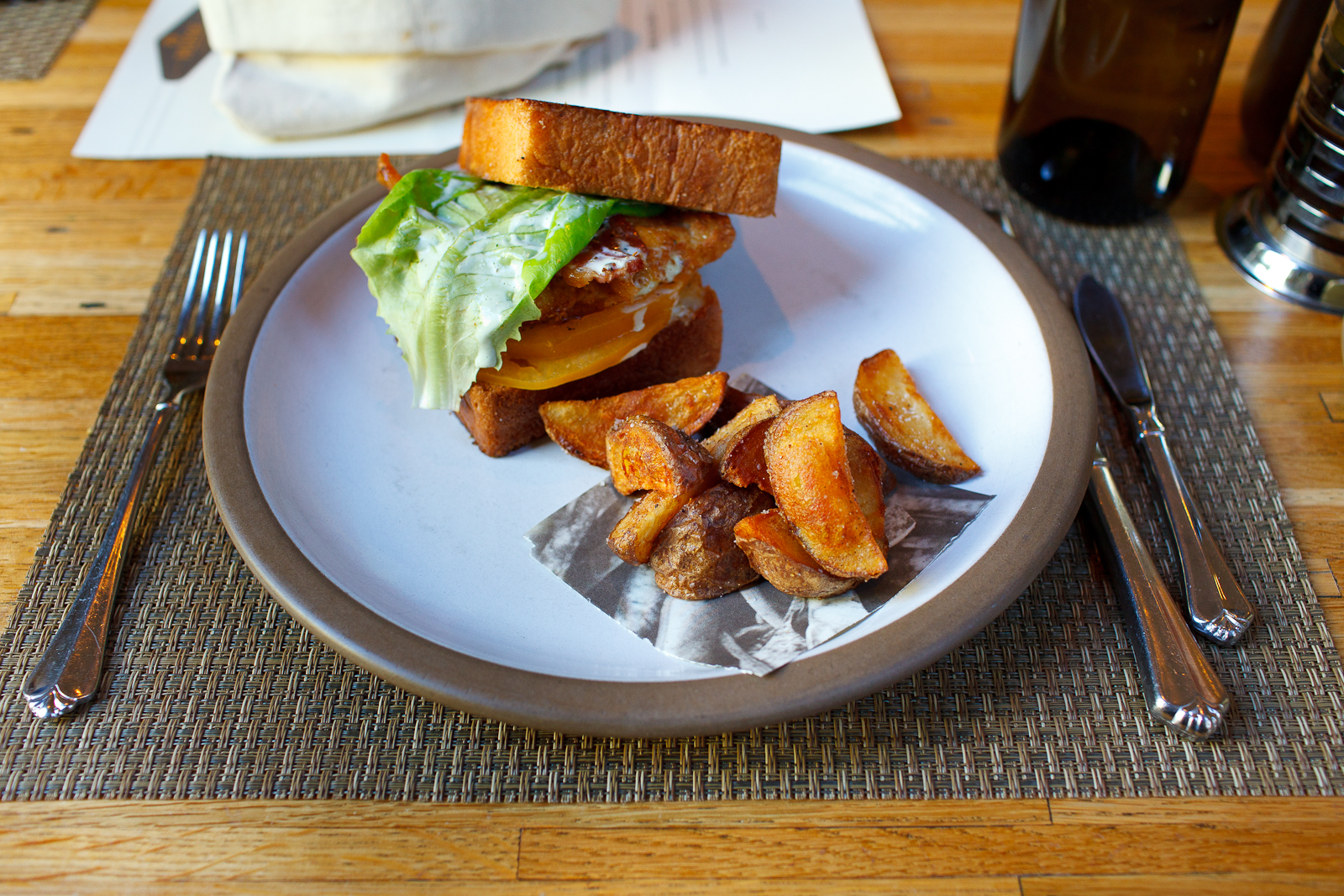North Carolina catfish BLT, Broadbent bacon, herb mayonnaise, fried potato wedges ($11).jpg