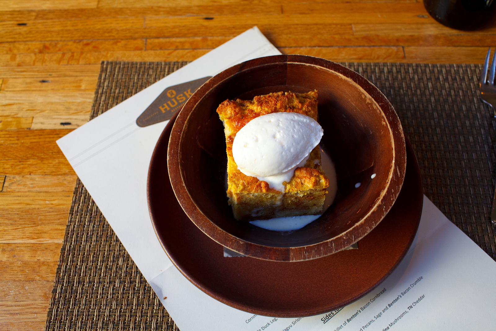 Heirloom pumpkin bread pudding, ginger anglaise ($7)