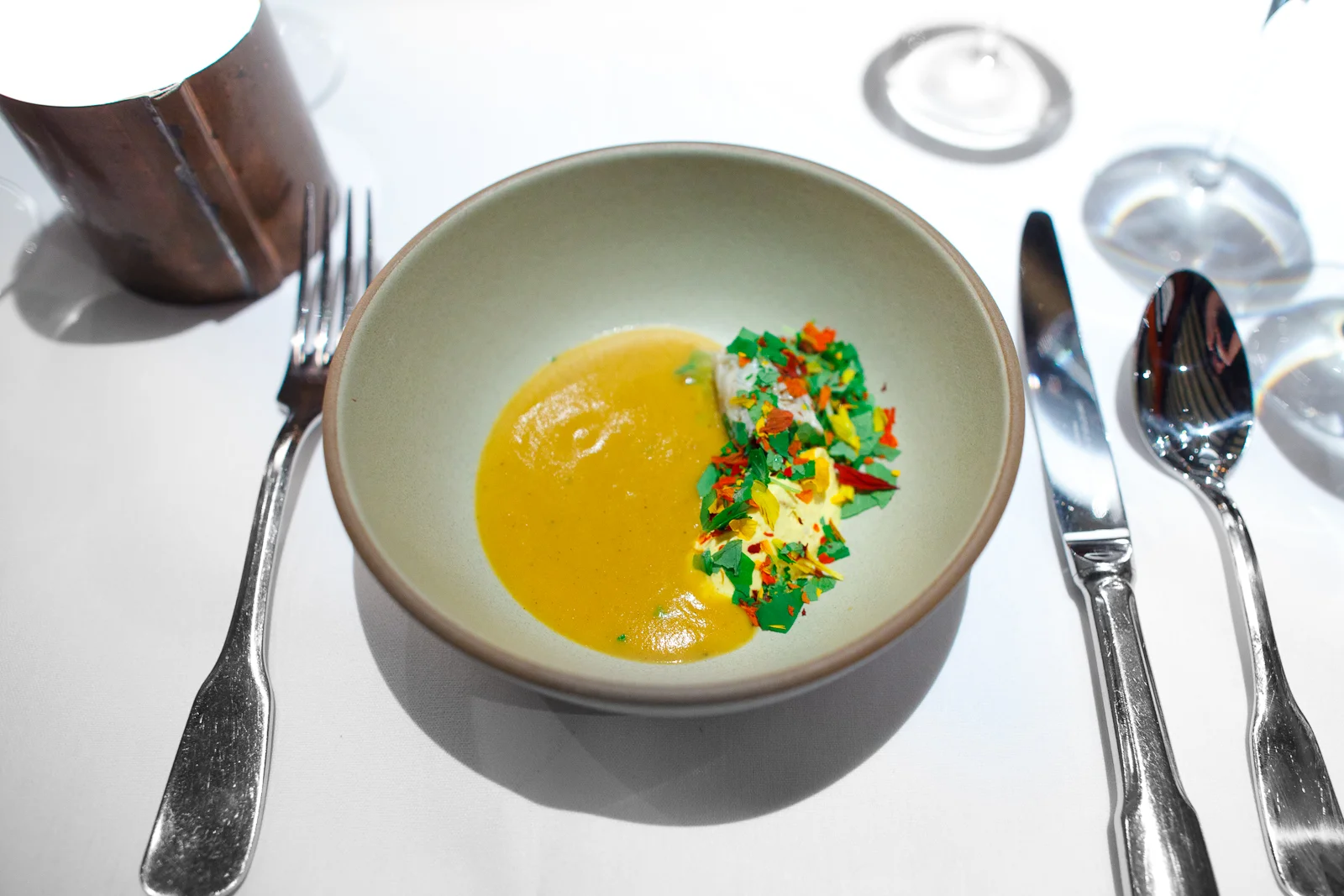 1st Course: Puree of Buckskin pumpkin, Charleston crab and vadouvan