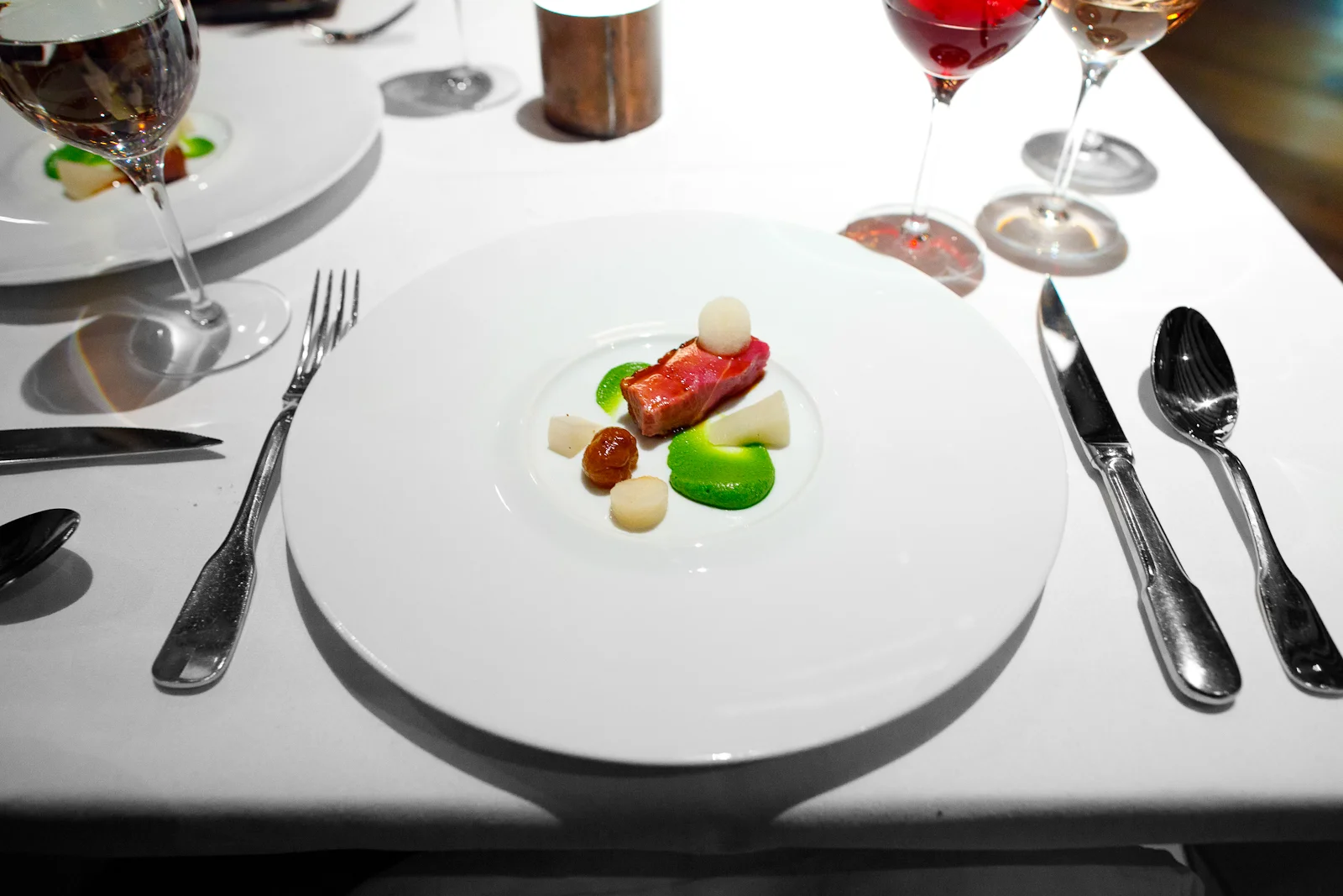 6th Course: Duck, aged and roasted on the bone, turnips, pears, lovage and chestnuts