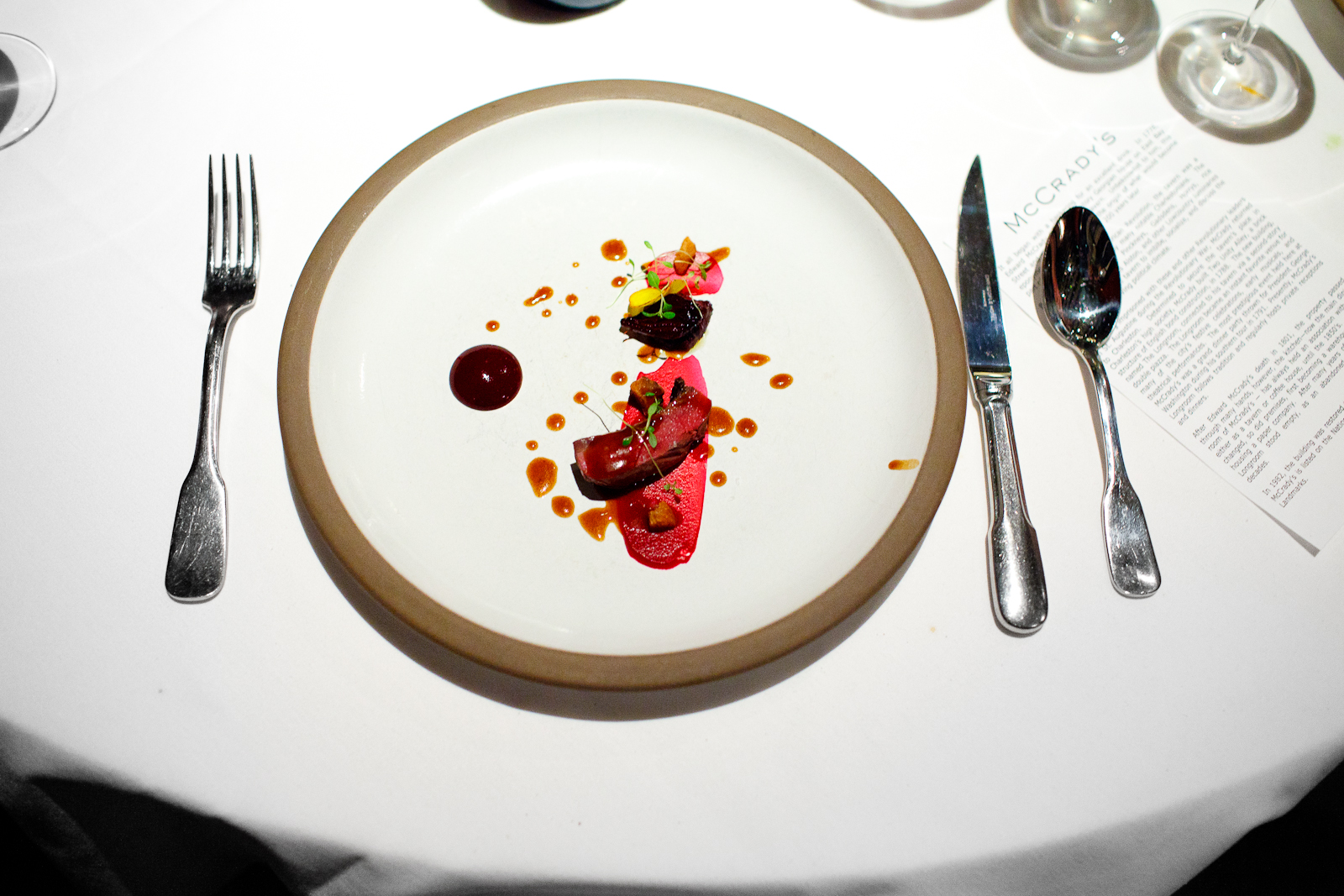 7th Course: Aged "shot by a hunter wild" wood pigeon cooked in hay, beets buried in embers, huckleberries