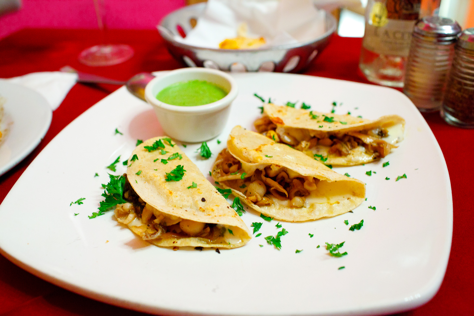 Clam tacos: clam meat, strips of spicy green chile, roasted onions, smokey salsa ($90 MXP)