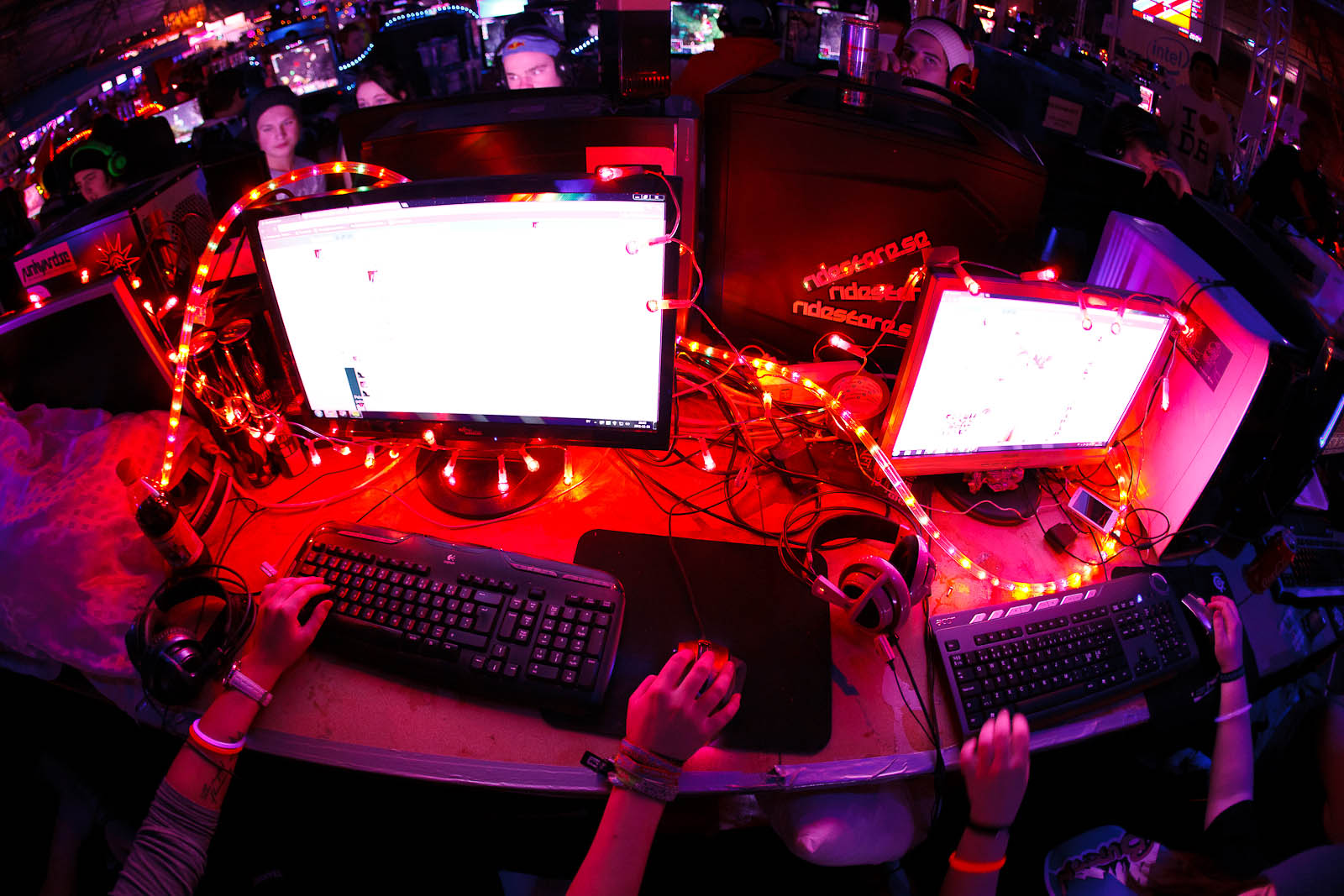 Computers piped with red lighting