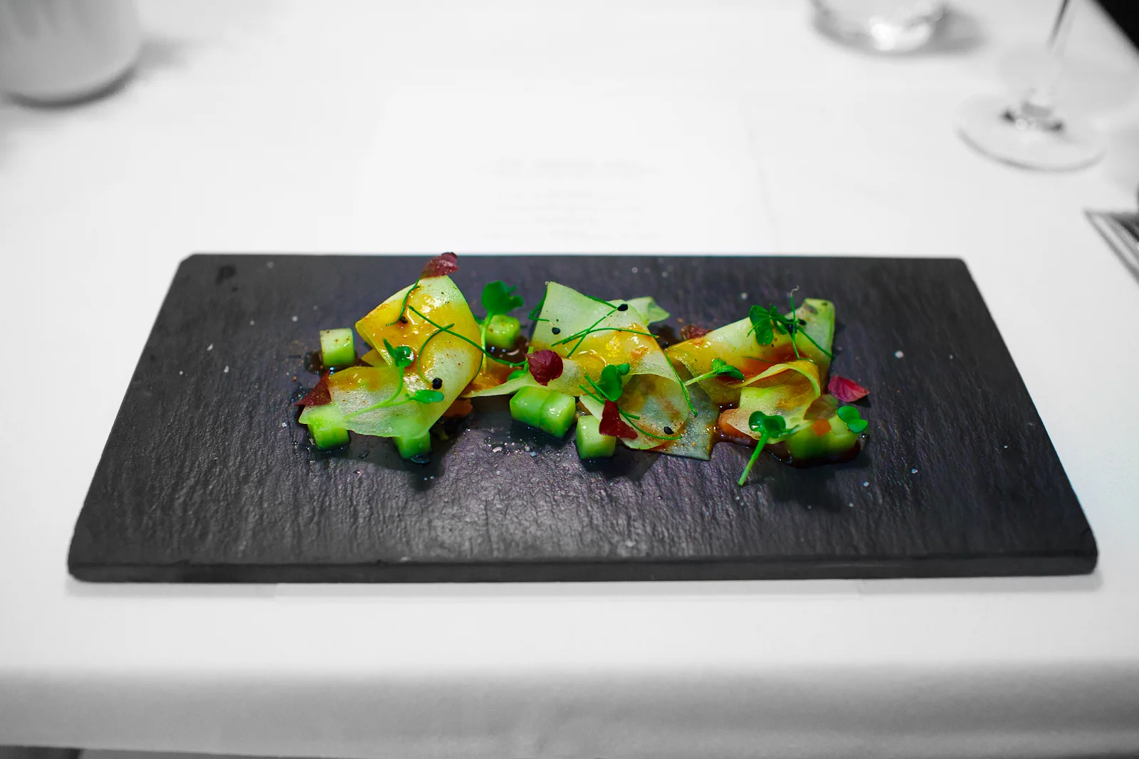 1st Course: The seabank - cucumber with shizo, soy, and passion fruit
