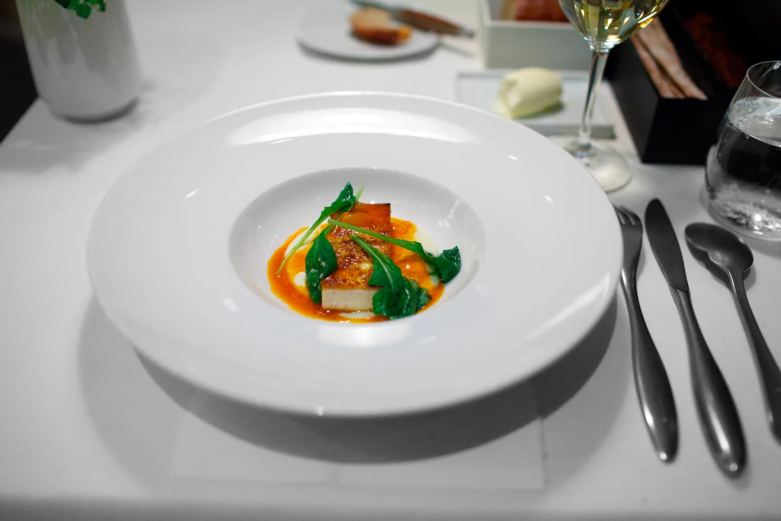 6th Course: The depths of the sea - pan-fried tofu with Laponian potatoes, yoghurt, and harissa