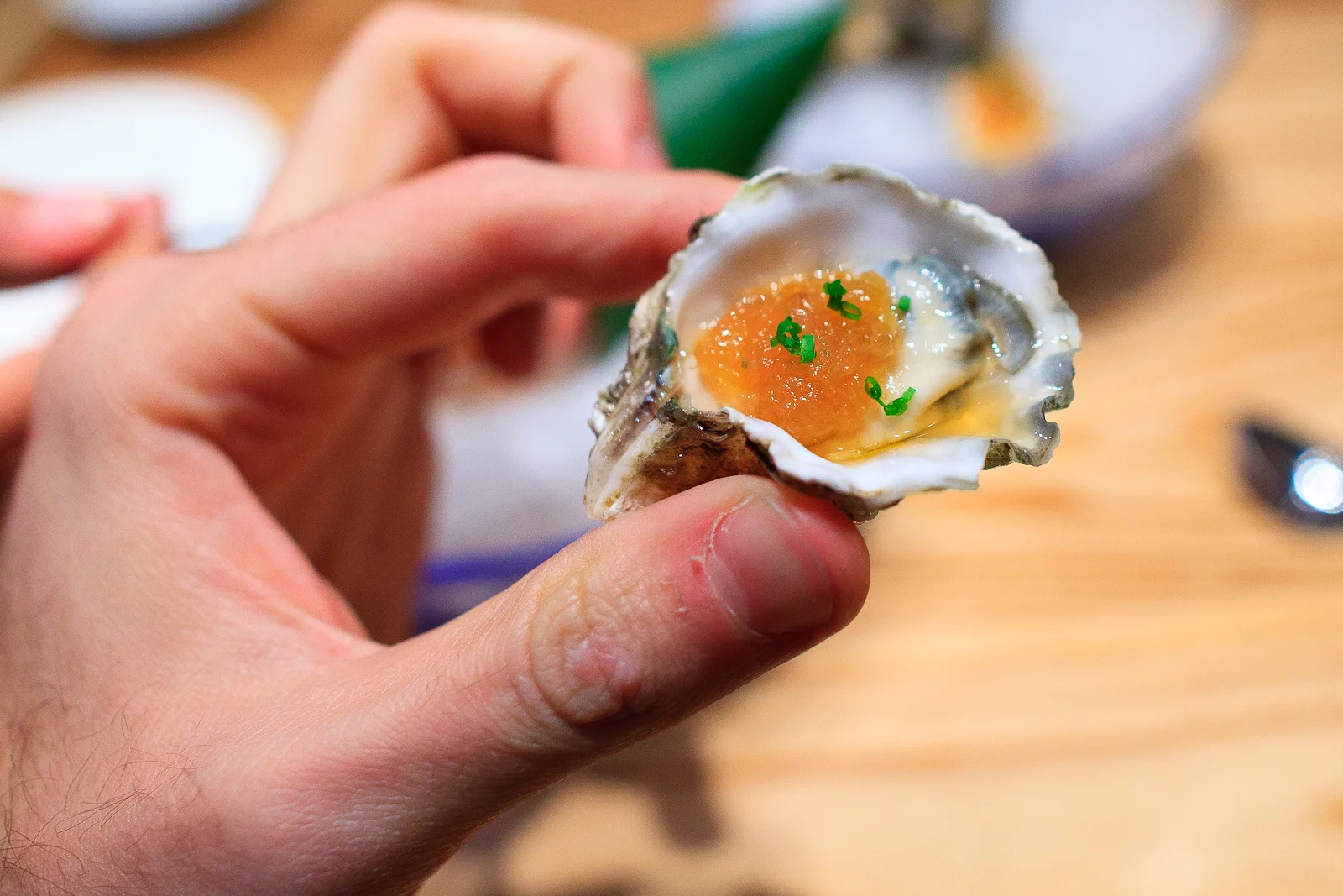 Ostiones con salsa Nobu (oysters with nobu sauces), up close (140 MXP)