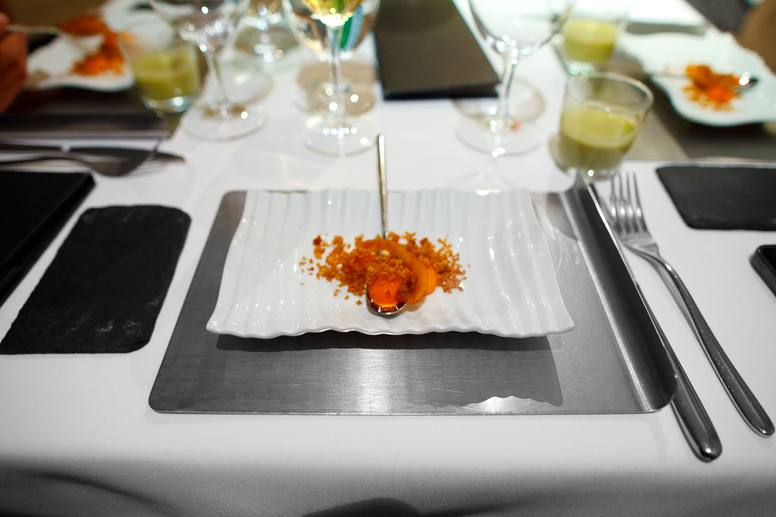 Amuse bouche: A Spanish "salmorejo" deconstructed with a glass of squash soup