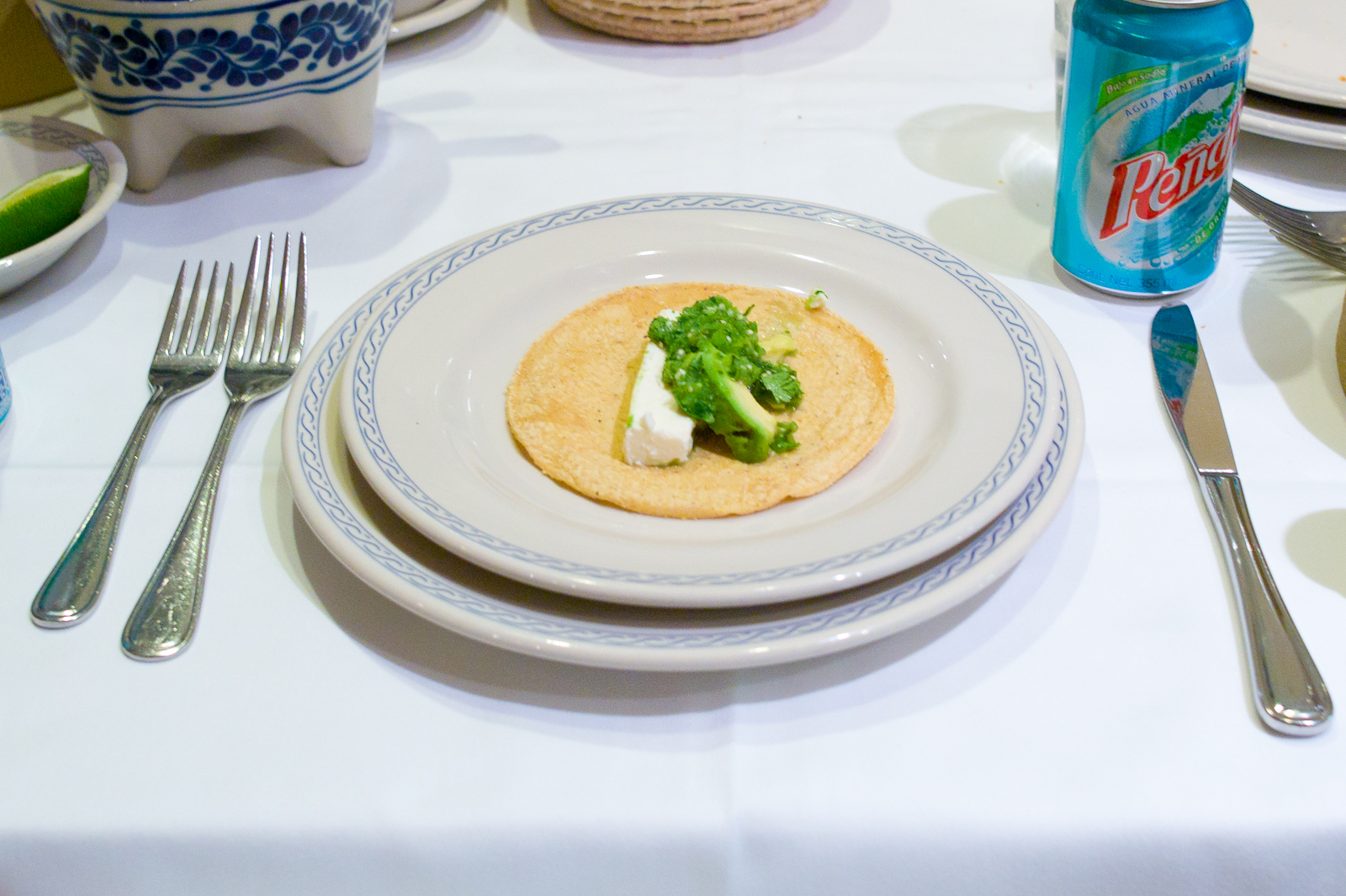 A tortilla of avocado, queso fresco, and salsa verde