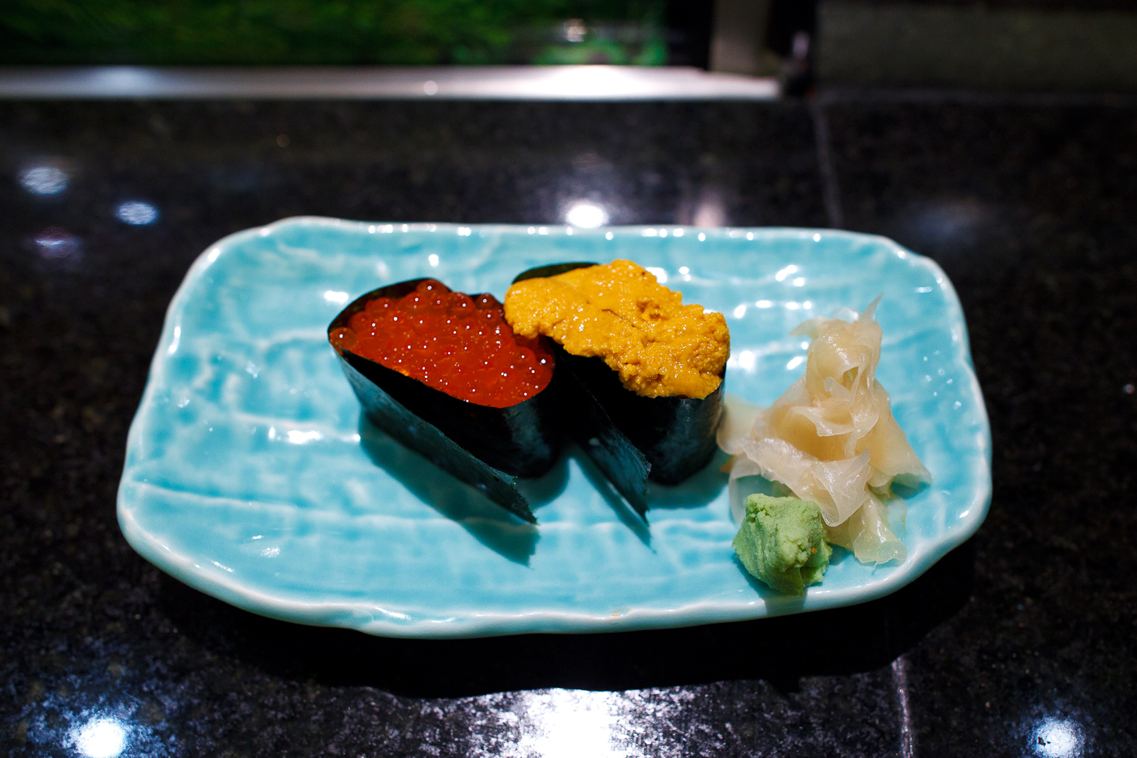 Salmon roe and sea urchin sushi