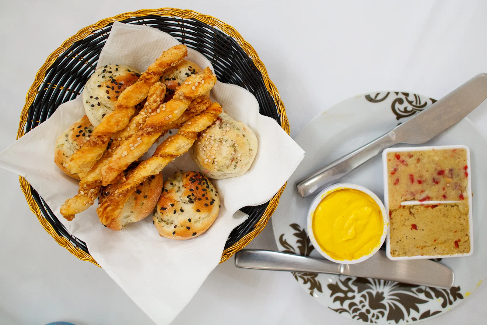 Sesame breads with fruit butter, spicy olive oil, salted butter
