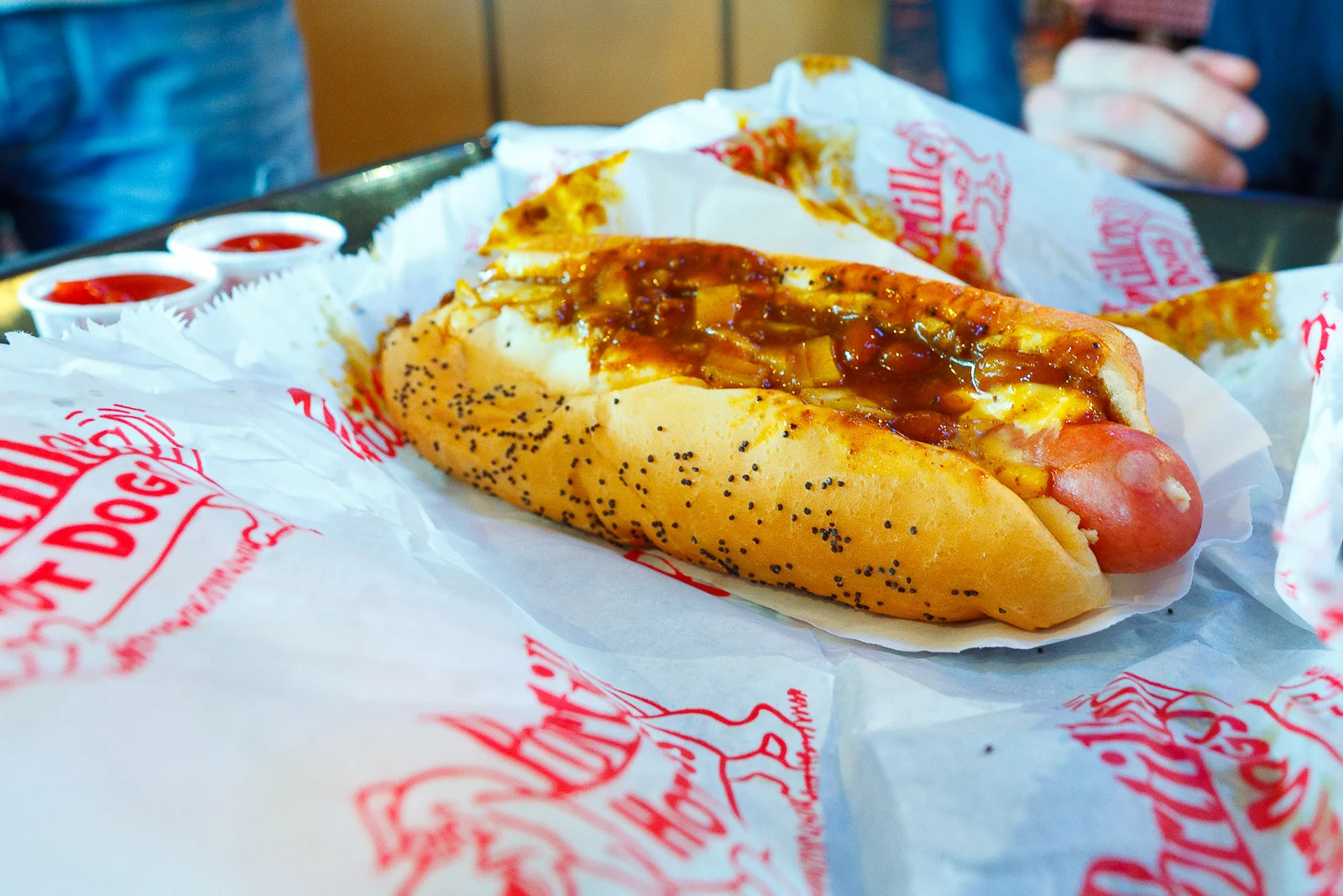 Chili cheese dog, with onions ($2.85)