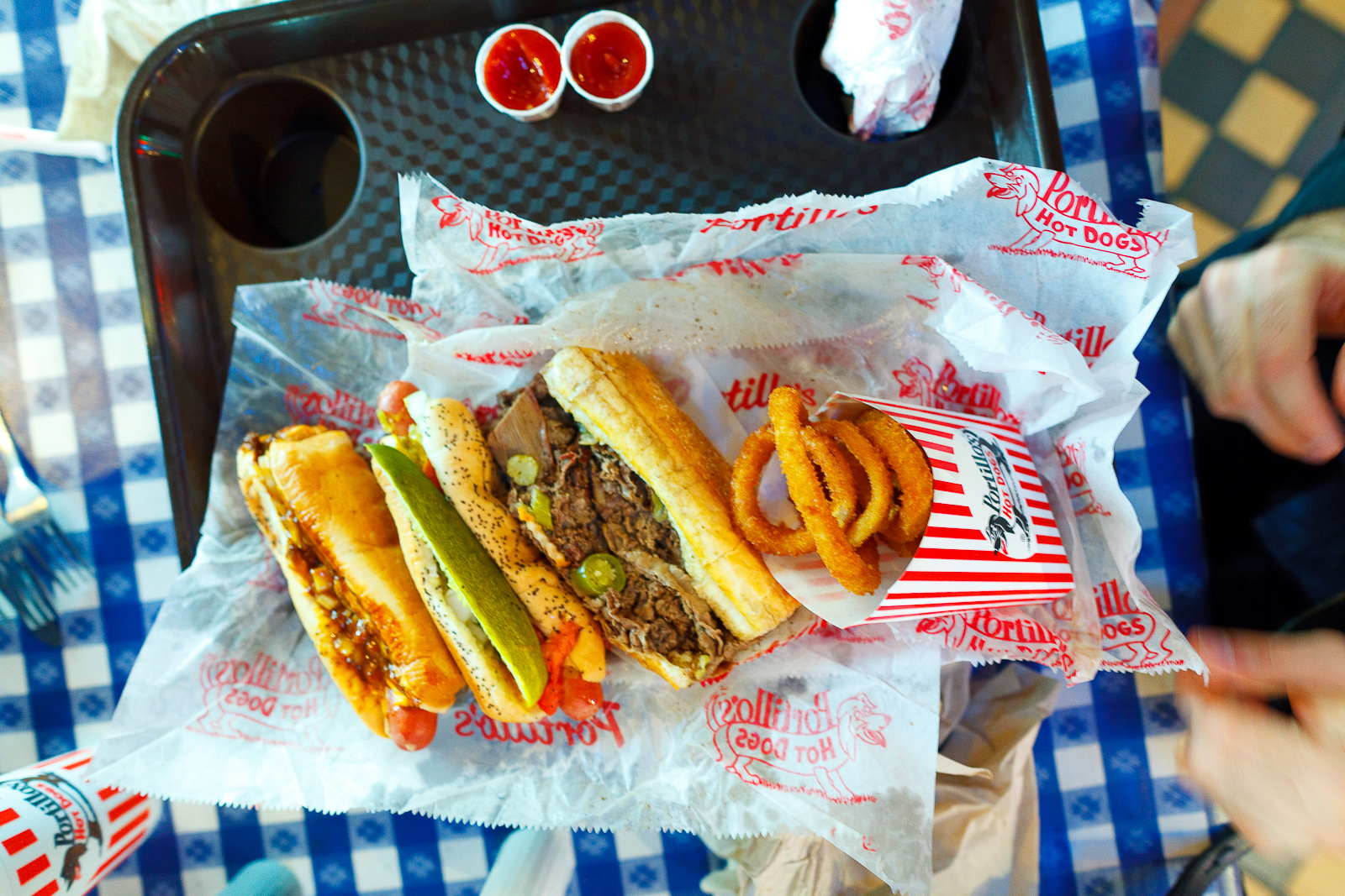 Chili cheese dog, hot dog with everything, Italian beef sandwich, onion rings
