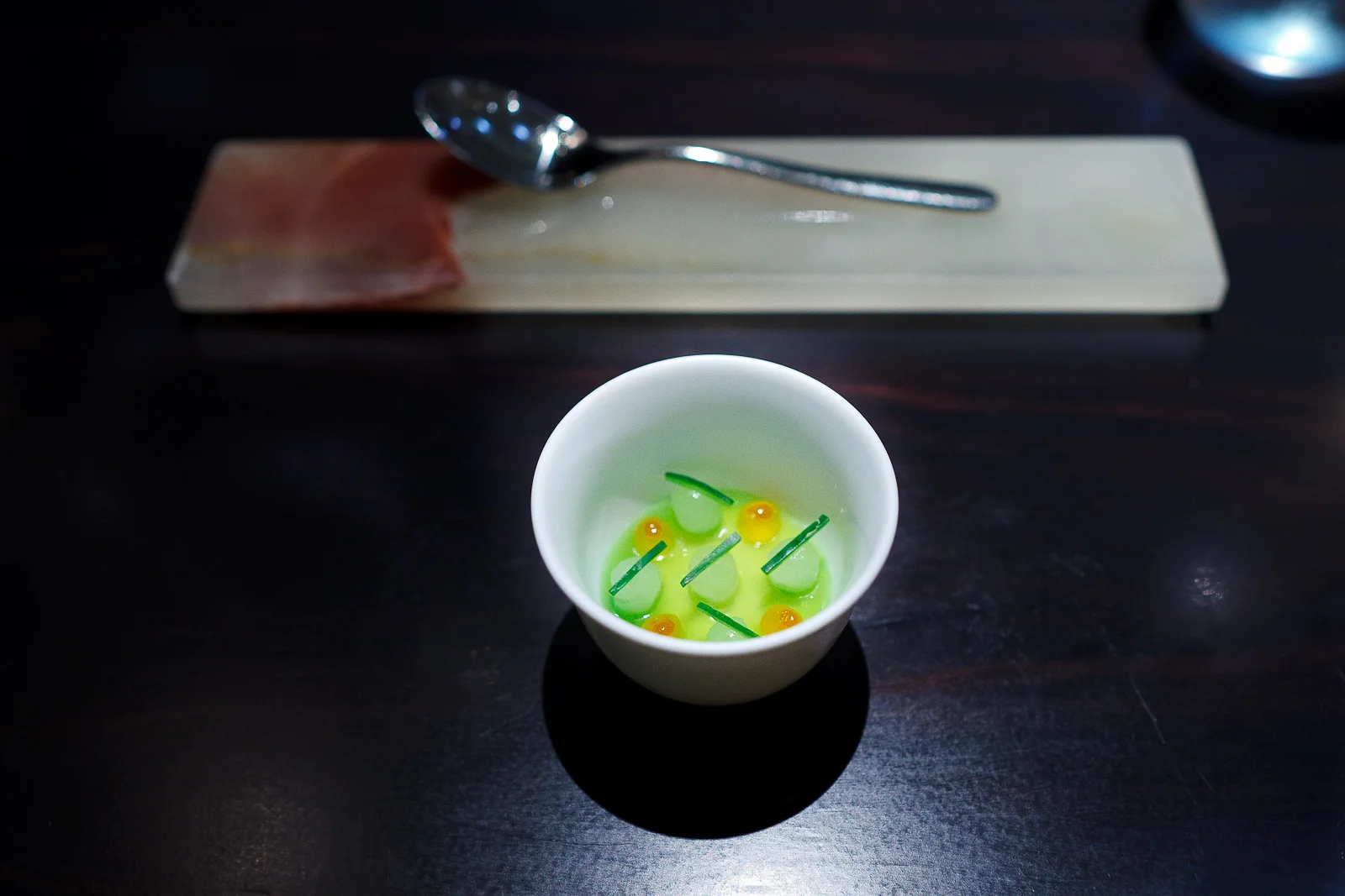 Amuse bouche: smoked trout, cucumber, salmon roe
