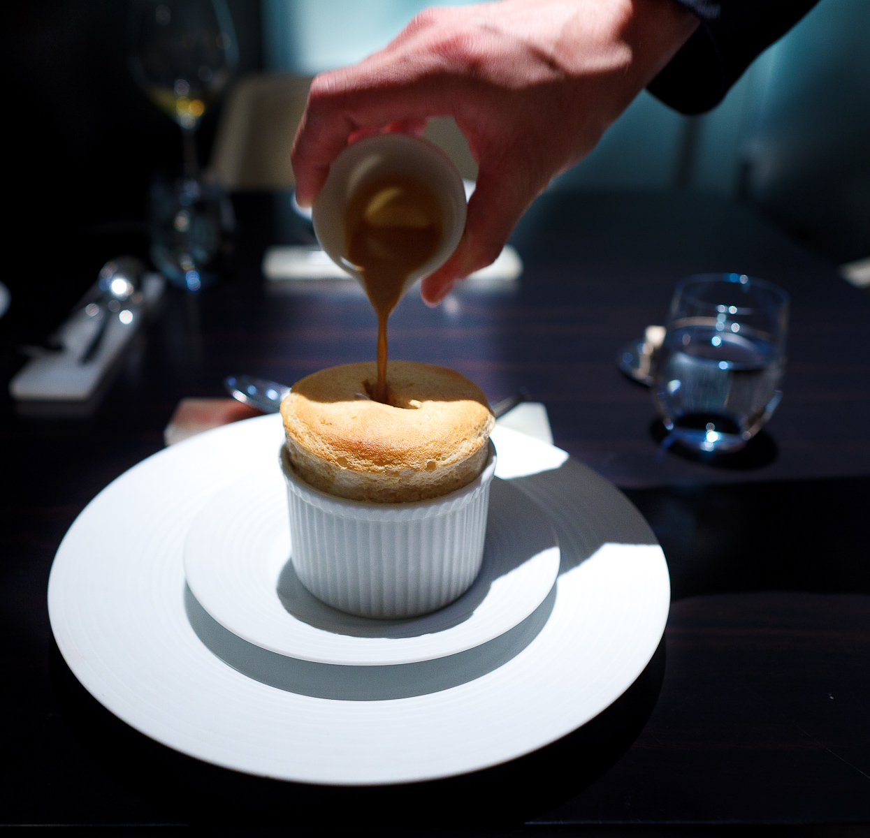 8th Course: Praline soufflé, hazelnut anglaise