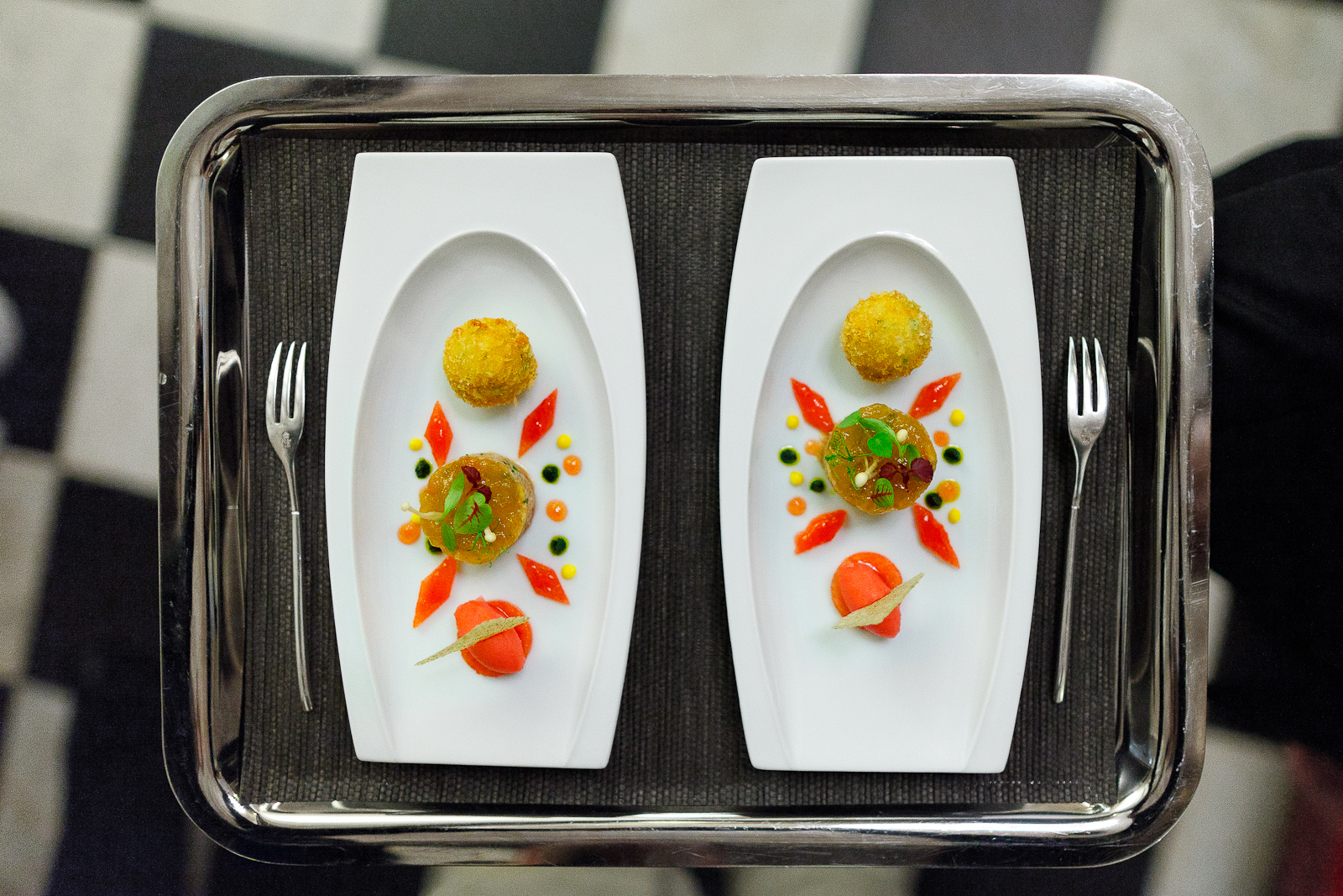 Amuse bouche: crab rice balls, crab and miso gelée