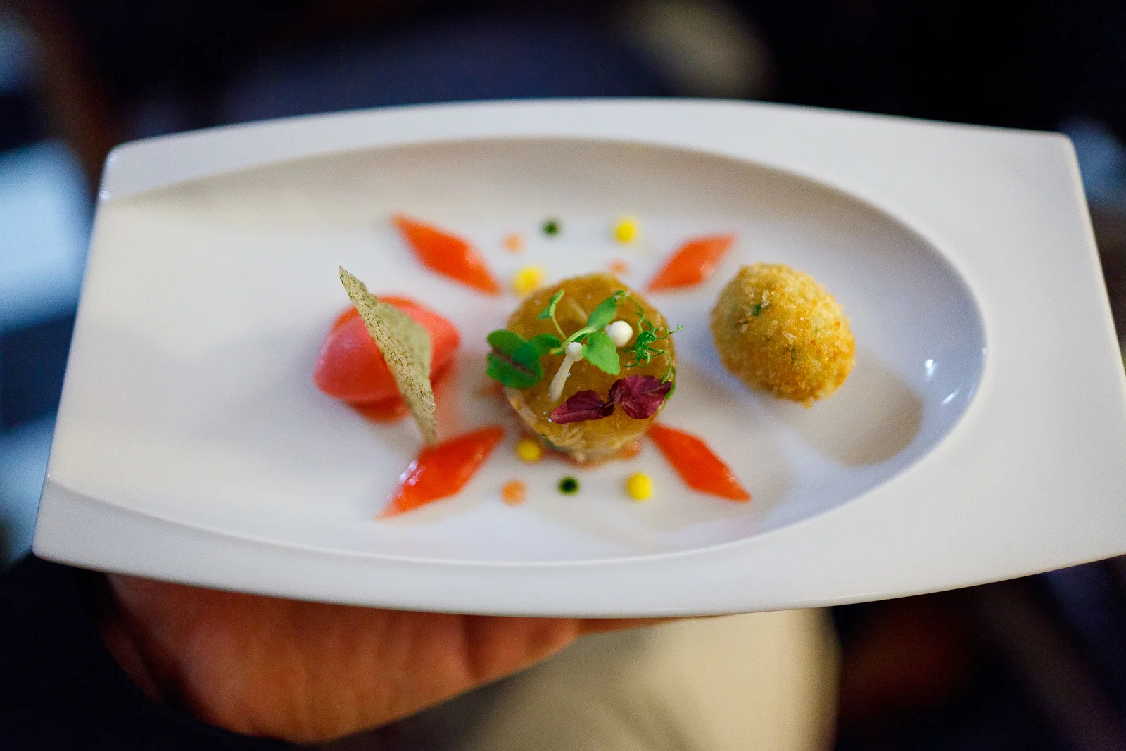 Amuse bouche: crab rice ball, crab with dashi gelée