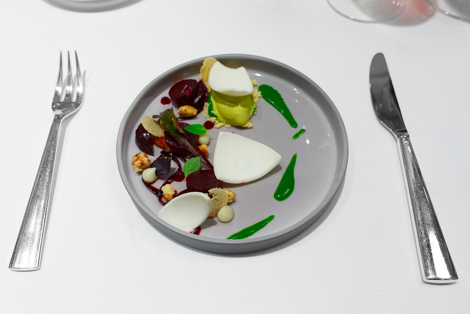 7th Course: Gorgonzola, beetroot, marjoram, and pistachio, by Thomas Bühner