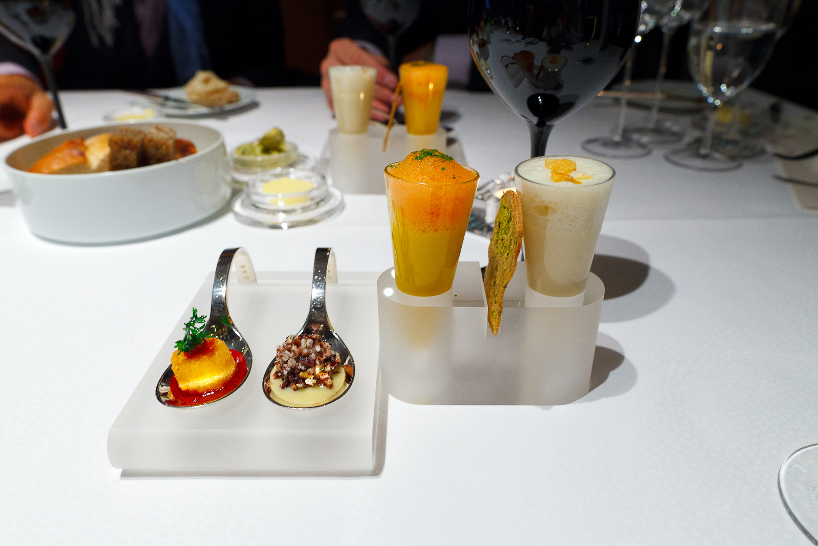 1st Course: Soup-shots and spoon tasting: topinambour, pistachio bread chip, pumpkin - carrot "exotic," Königsberger Klopse, baked Camembert with cranberries