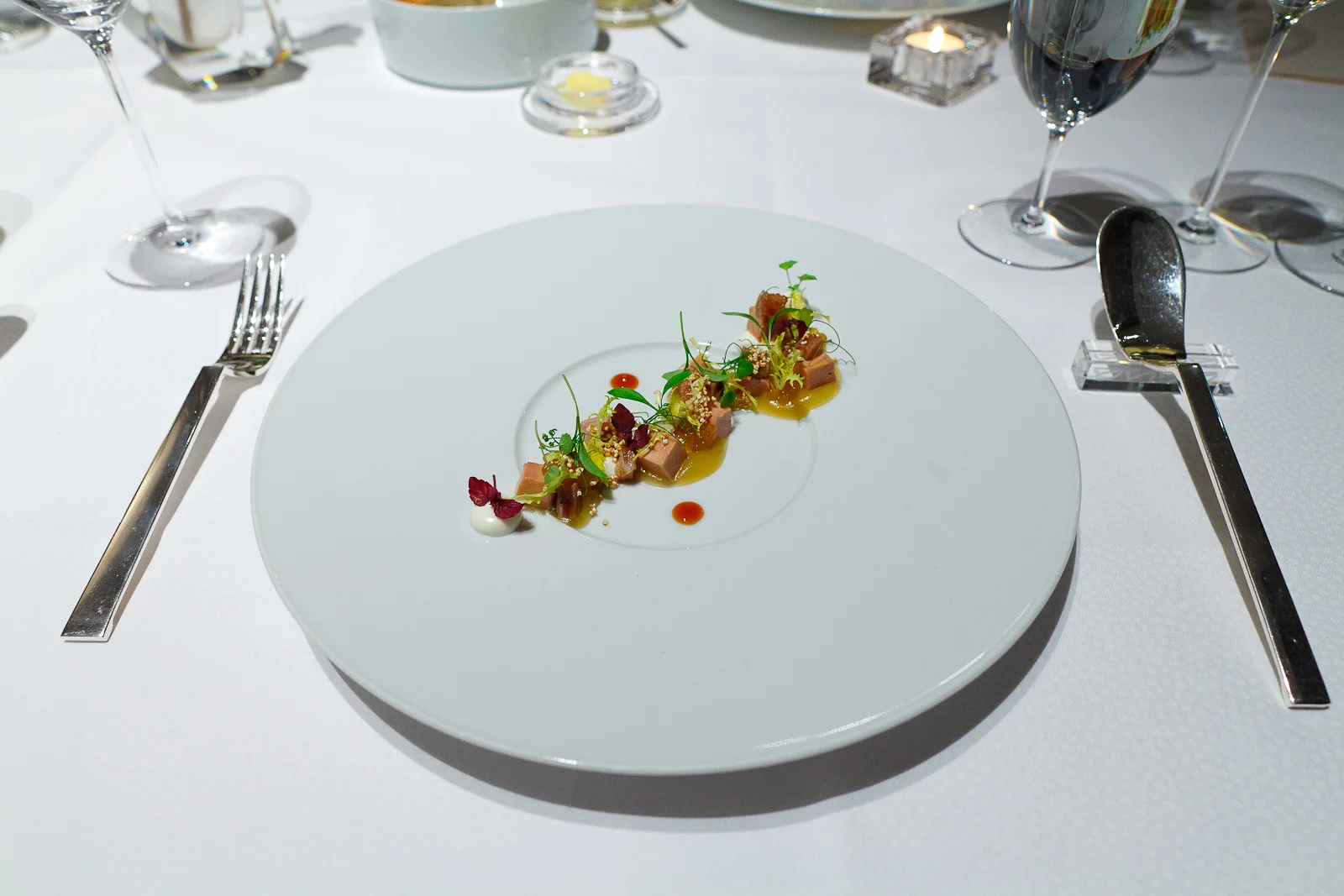 3rd Course: Foie gras and marinated Iberico pork, onion tapioca, granny smith and amarant