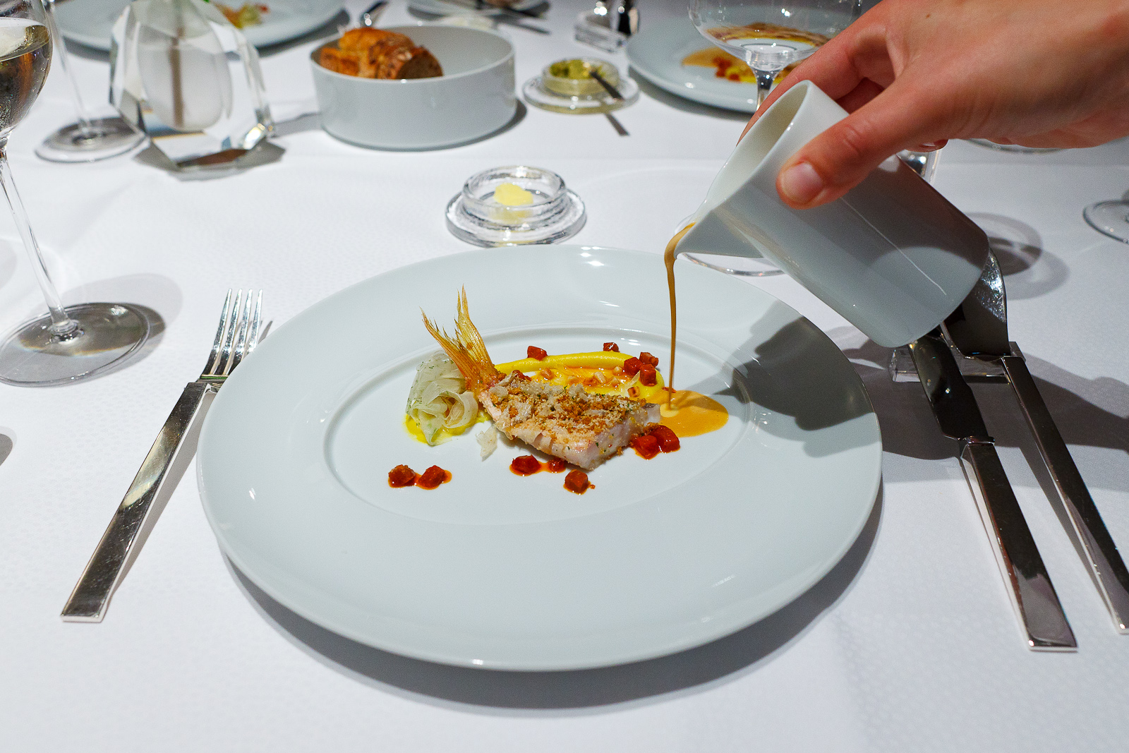 5th Course: Red mullet and sopresatta, fennel, citrus fruits, pine nuts