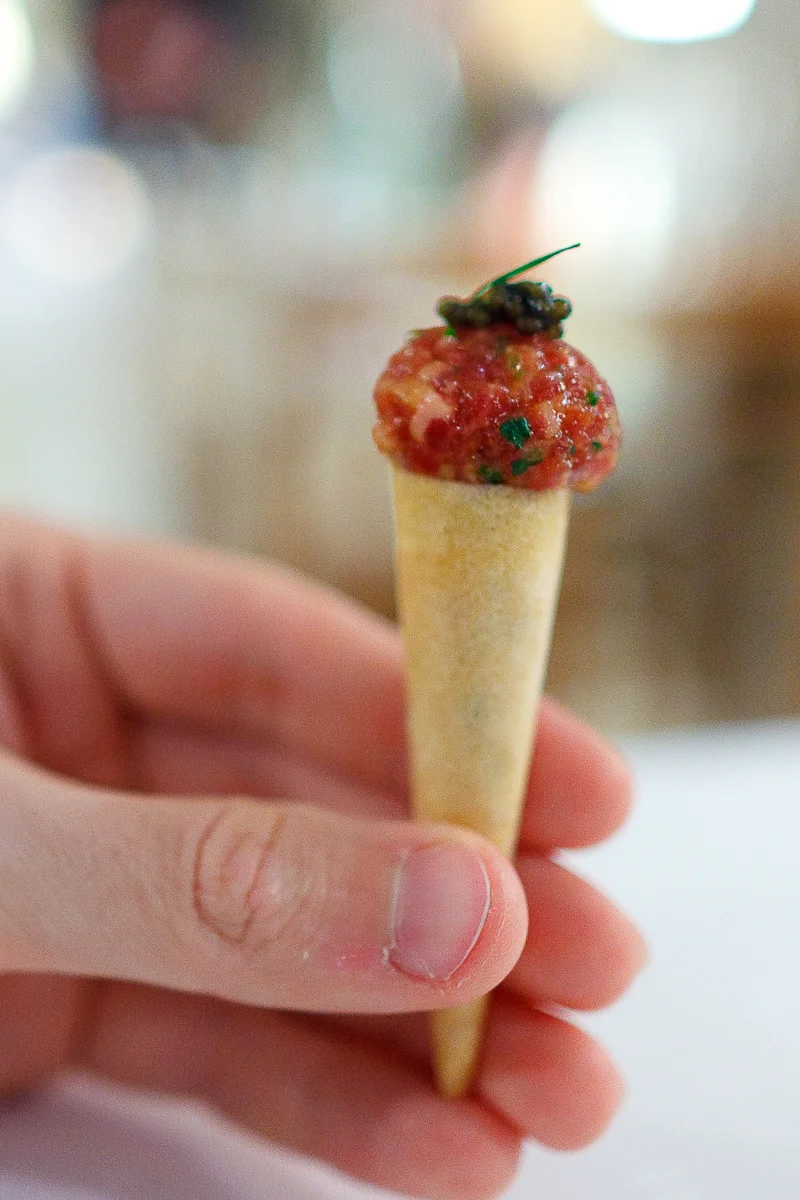 Amuse Bouche 5: Cornet with tenderloin, smoked eel, and caviar