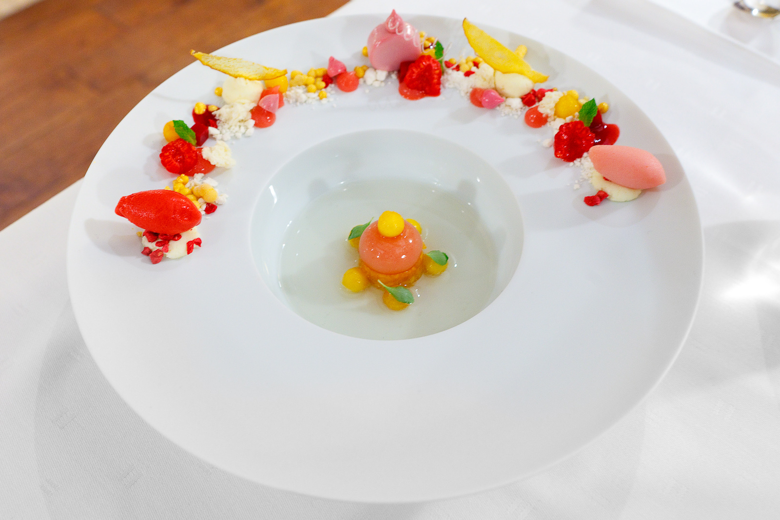 9th Course: "Champagne Bellini" - "Structures" of peach, raspberry, and champagne