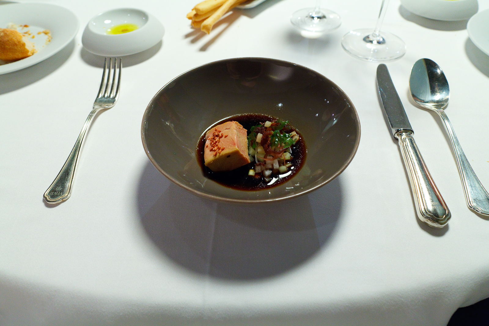 7th Course: Foie gras marinated in soy miso with oyster and sesame center