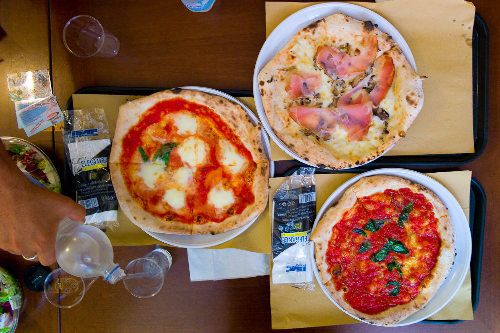 Pizza margherita, pizza marinara, pizza with speck and tomato