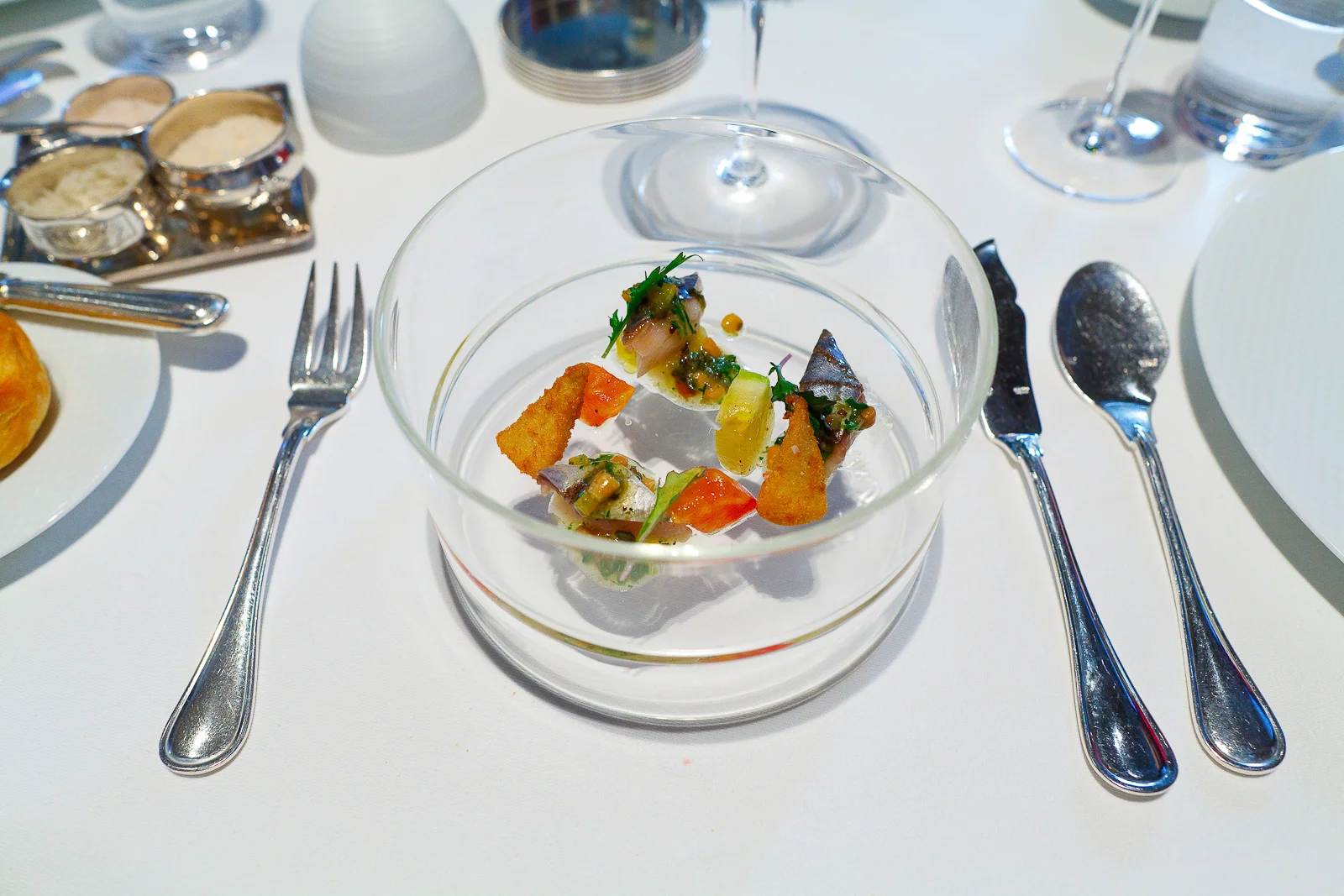 4th Course: Spanish Mackerel "En Escabèche," Heirloom Tomatoes, Crispy Artichokes, Mizuna and Pine Nut Vinaigrette
