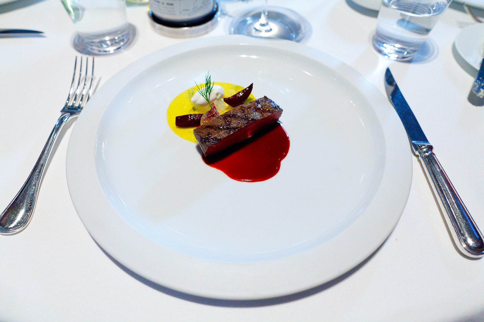 7th Course: Snake River Farms "Calotte de Bœuf Grillée," Dill Pasta, Red Beets, Horseradish Mousse, Roasted Shallot and "Sauce Borscht"