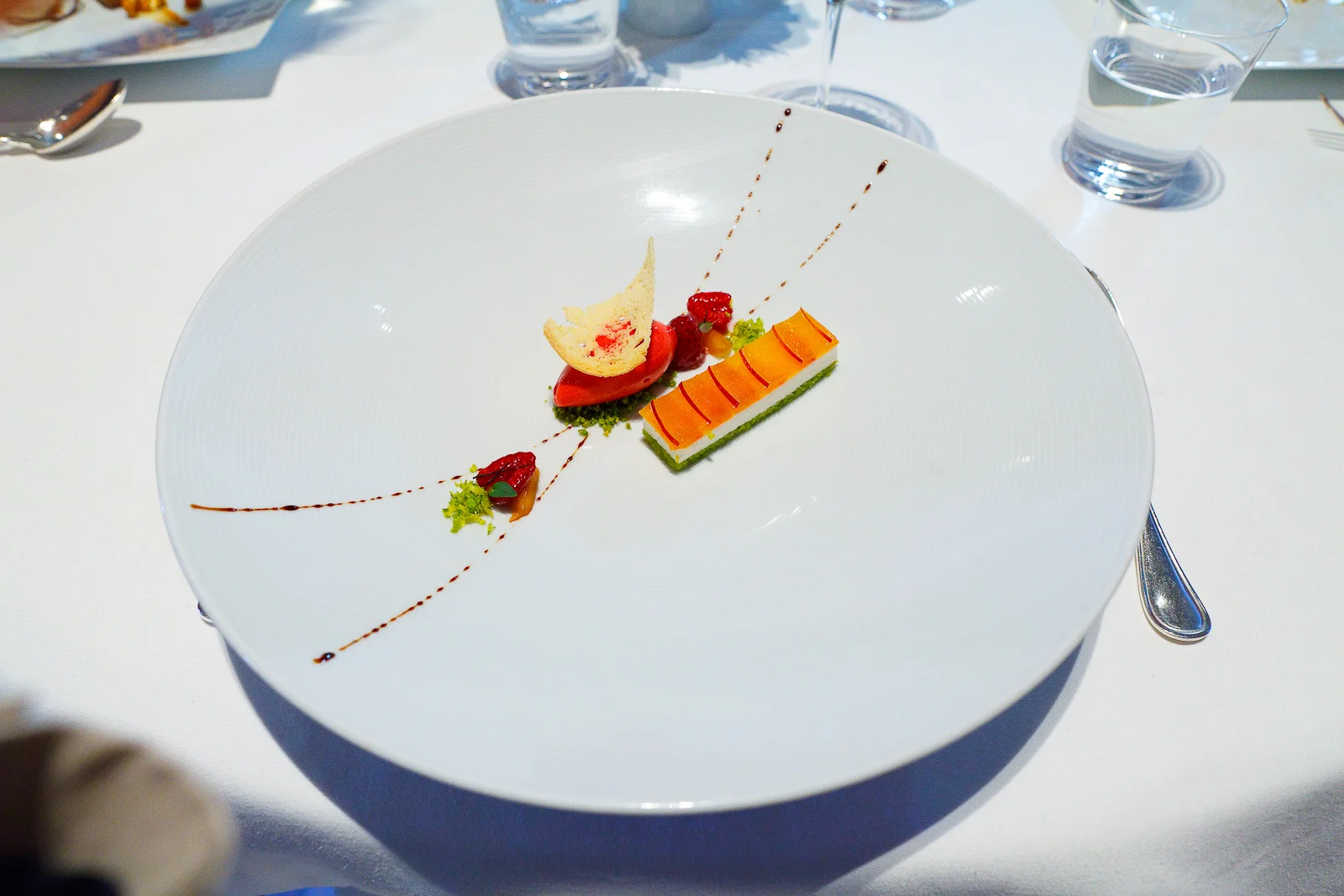 10th Course: "Nectarine Melba," Sicilian Pistachio "Pain de Gênes," Andante Dairy Yogurt, "Biscotti," and Raspberry Sorbet