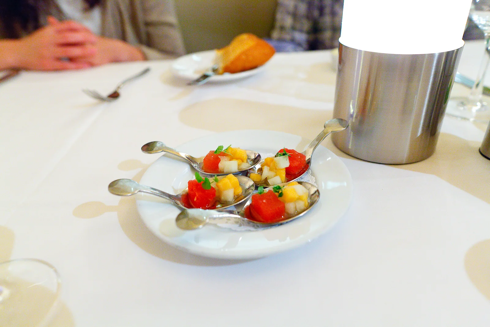 Amuse bouche: Salted watermelon and cantaloupe