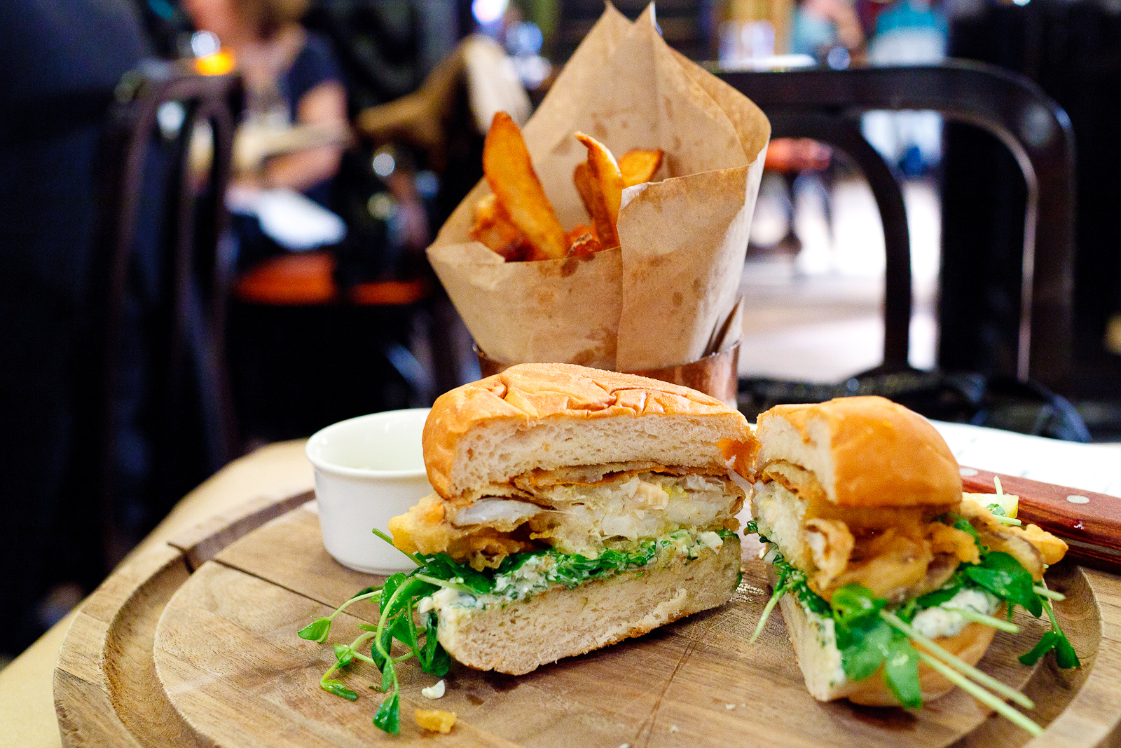 Softshell crab sandwich with ramp tartar sauce and pea shoots ($24)