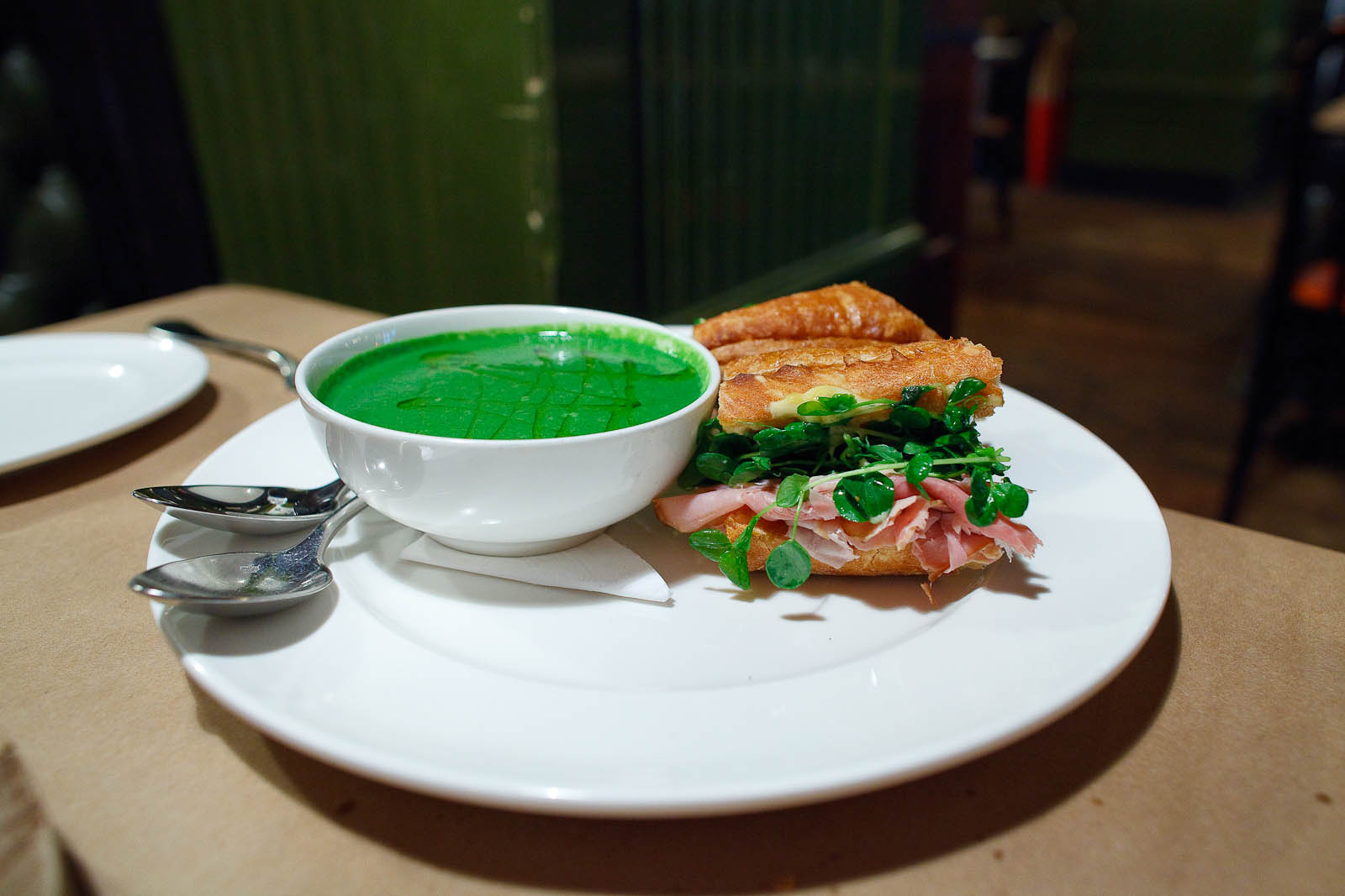 Ham and cheese sandwich with pea soup ($16