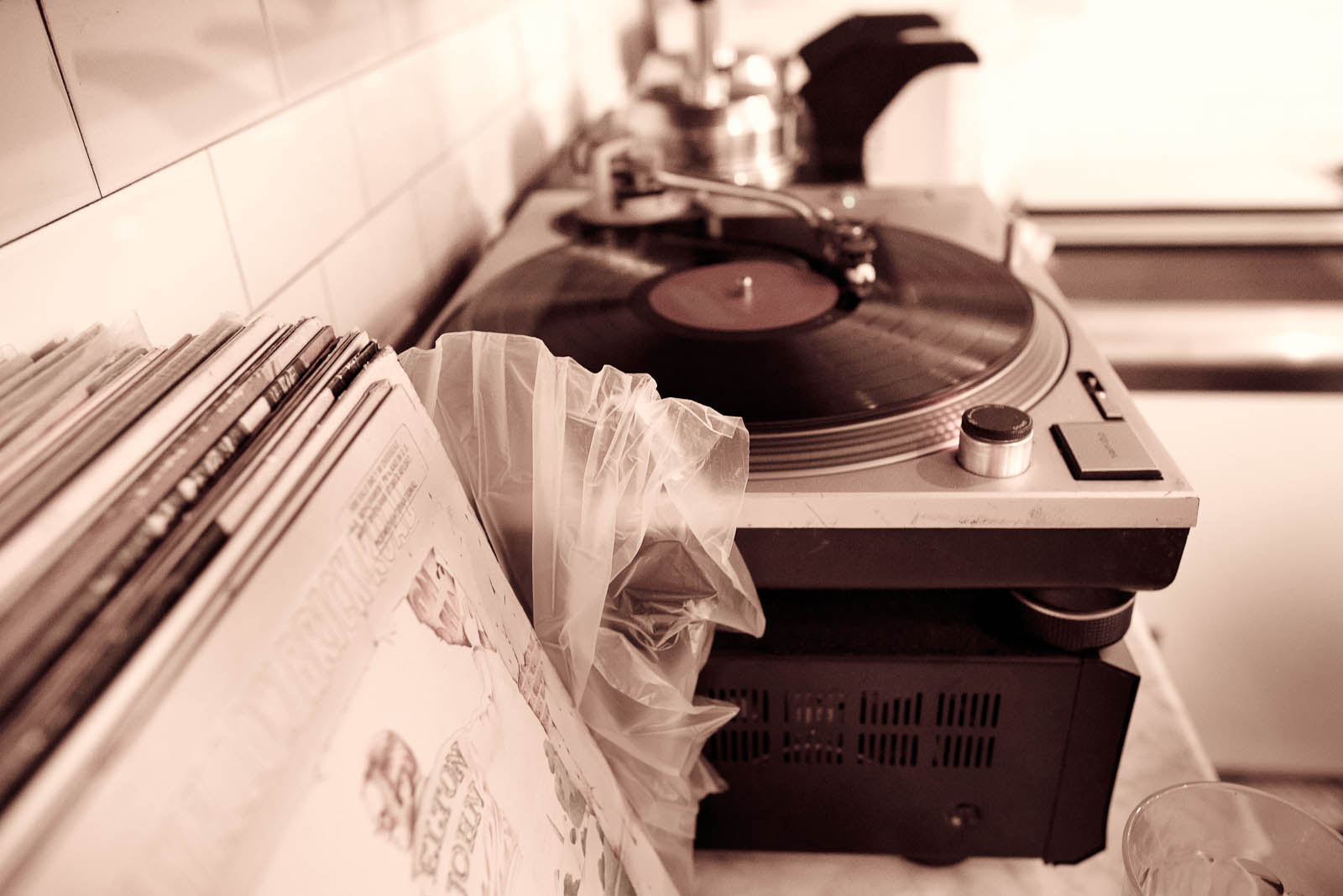 Analog. Technics 1200s with vintage records.