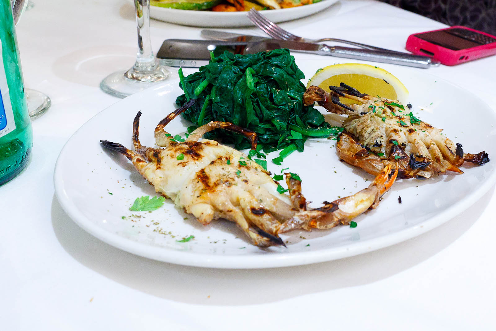 Grilled soft shell crab with steamed spinach