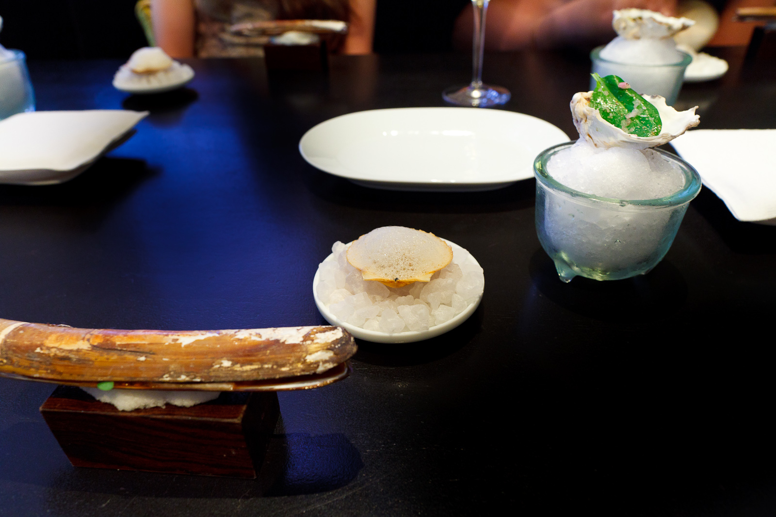 3rd/4th/5th Courses: Oyster leaf mignonette / scallop, hitachino, weizen, old bay / razor clam, carrot, soy, daikon