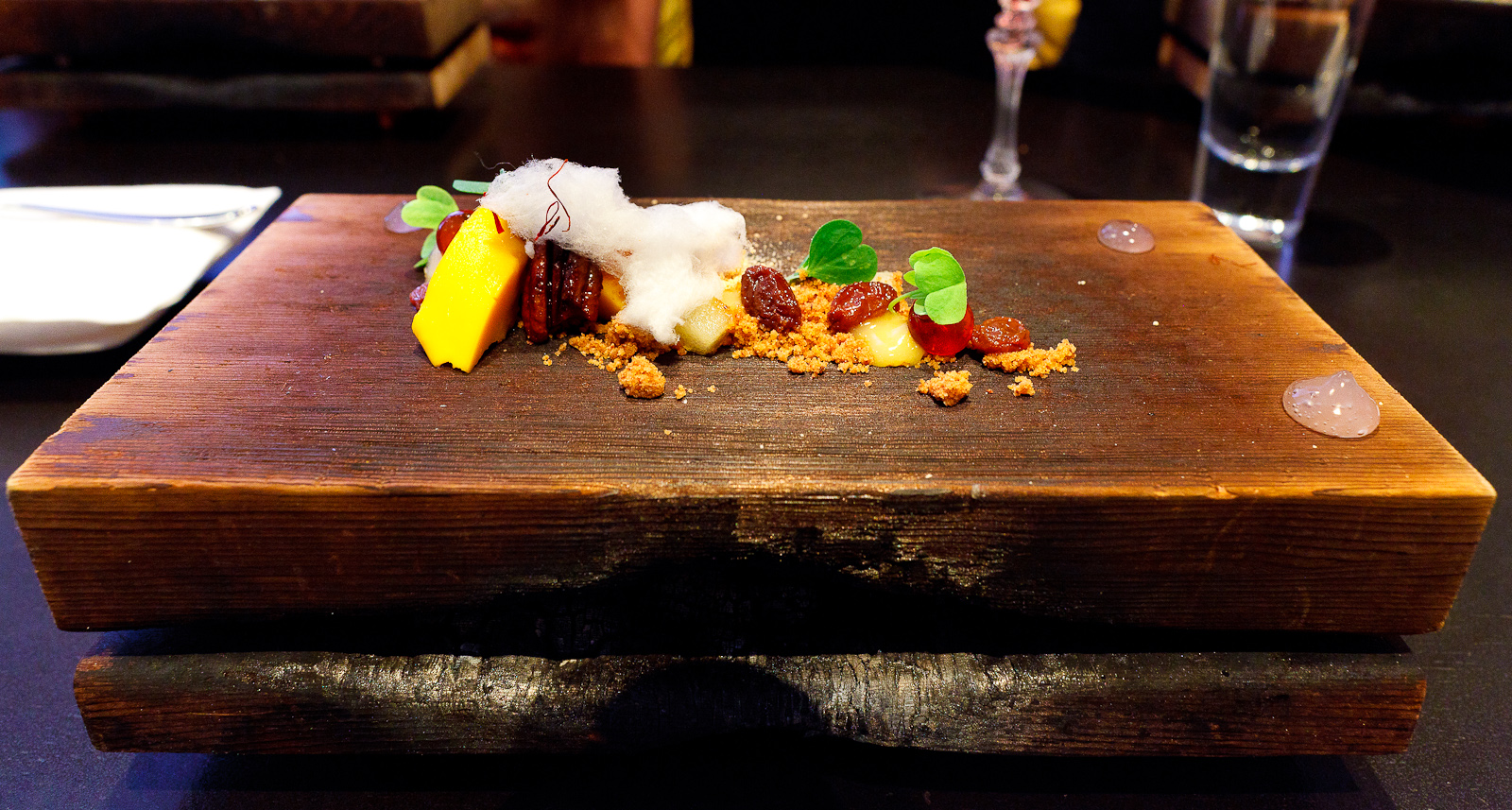 16th Course: Sweet potato, cedar, bourbon, pecan