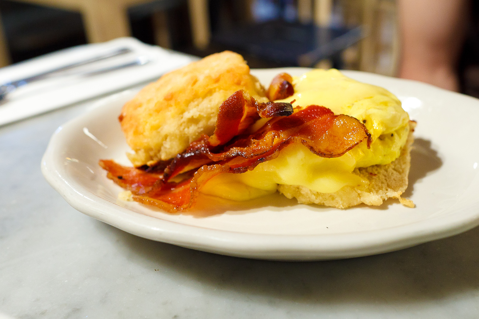 Biscuit with bacon, egg, and cheese ($7.50)