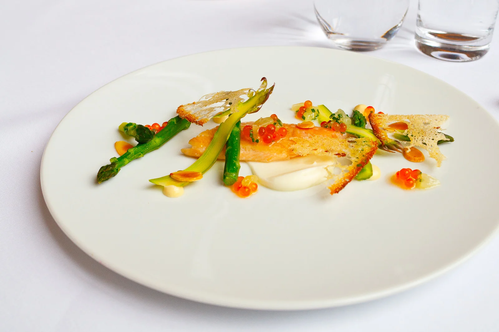 1st Course: Smoked trout, asparagus, roe