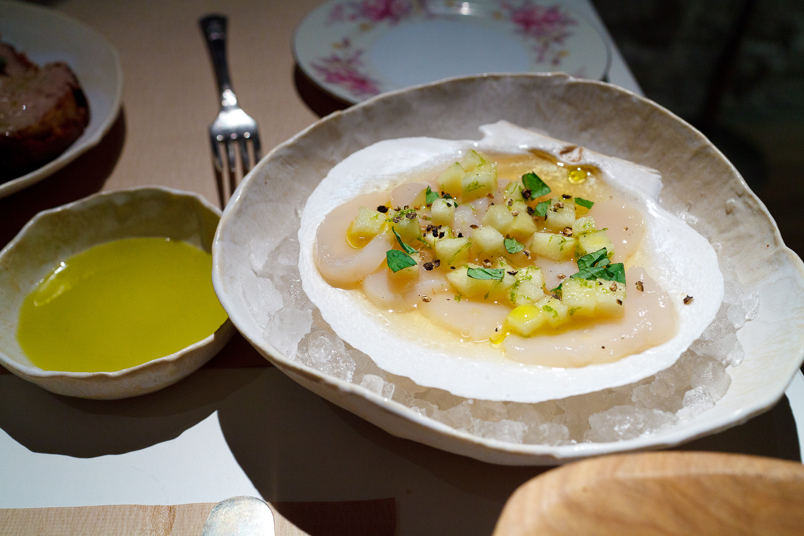 Raw diver scallops, apple, mint and lime ($16)