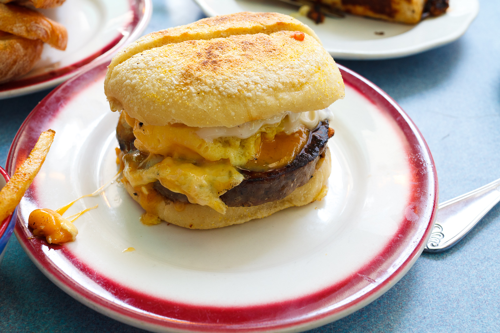 Egg-Sausage Sandwich, Cheddar, Tomato, Pickled Jalapeno, Fat English Muffin ($9).jpg